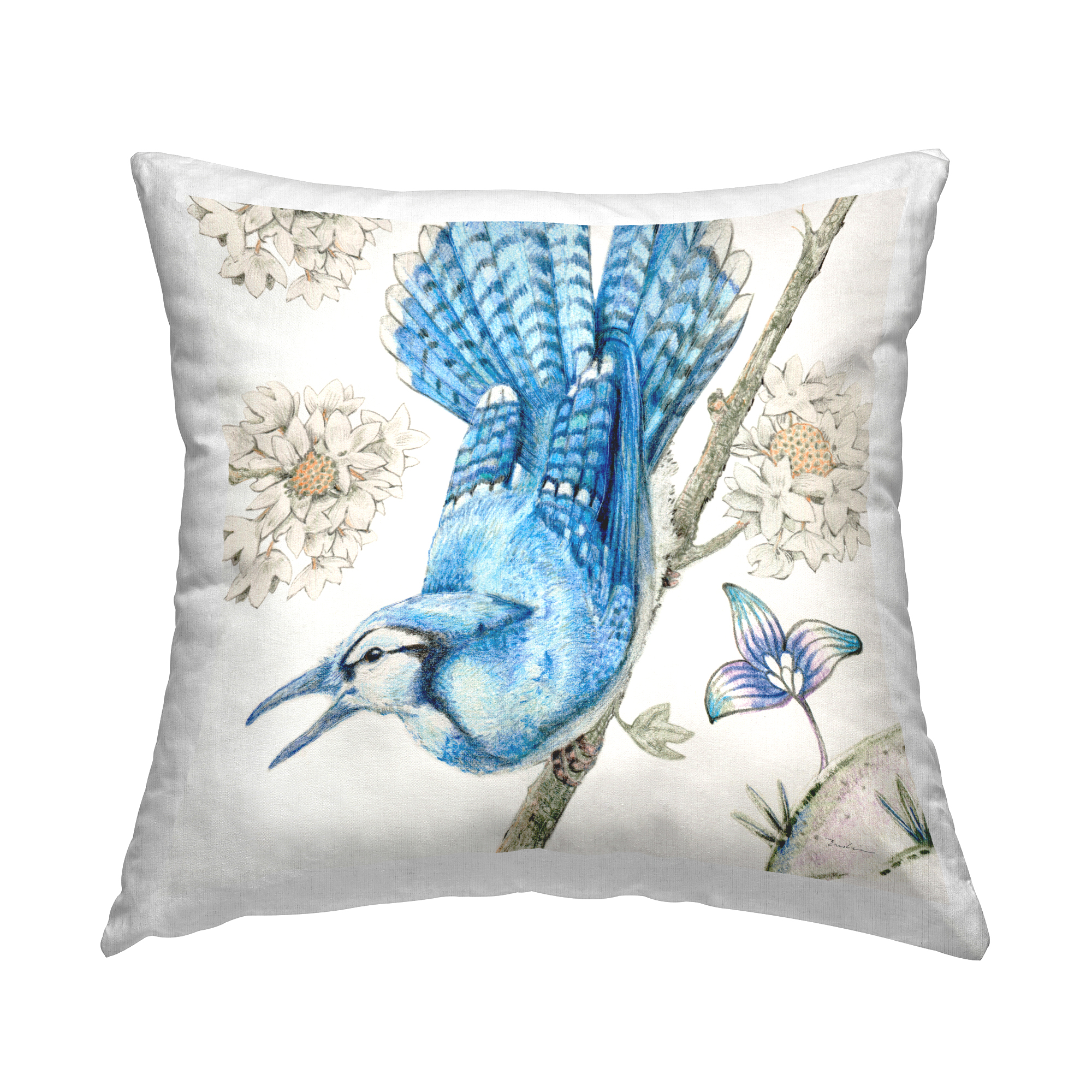 Stupell Industries Blue Jay Perched Florals Decorative Printed Throw Pillow Design by Evelia Designs.