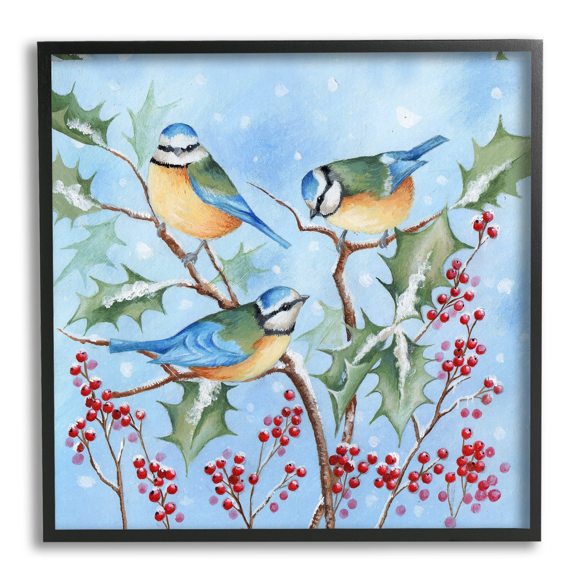 Stupell Industries Blue Jays on Winter Branch Holiday Painting Black Framed Art Print Wall Art, 17 x 17