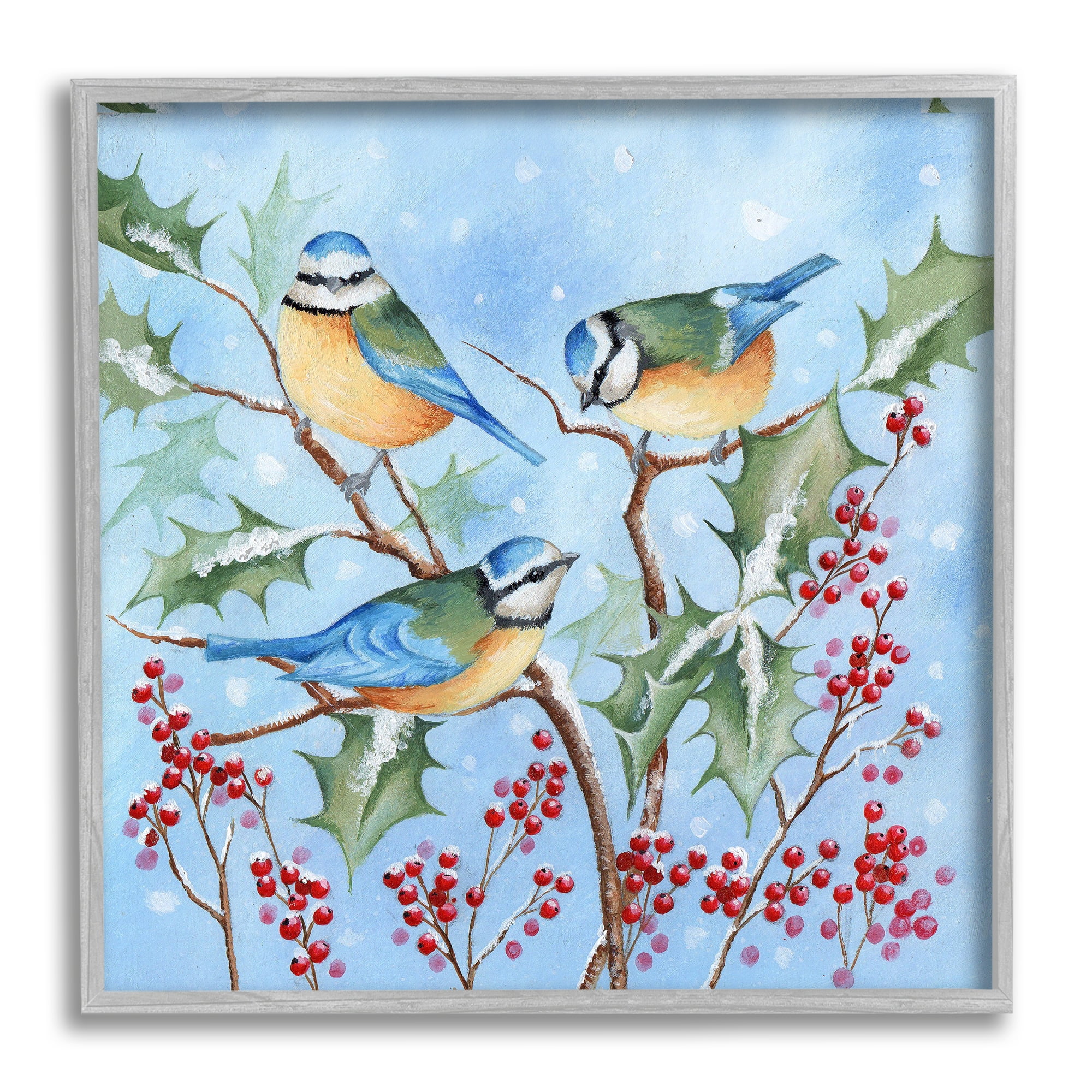 Stupell Industries Blue Jays on Winter Branch Holiday Painting Gray Framed Art Print Wall Art, 12 x 12