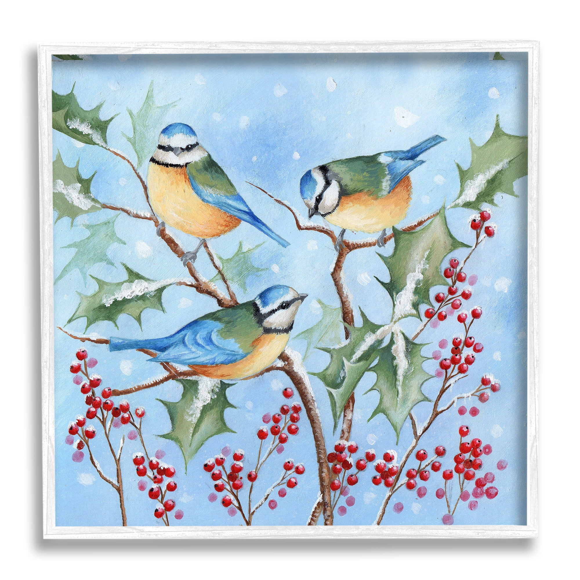 Stupell Industries Blue Jays on Winter Branch Holiday Painting White Framed Art Print Wall Art, 24 x 24