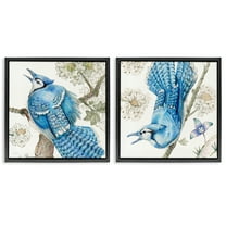 Stupell Industries Blue Jays with White Blossoms Animals Painting Black Floater Framed Canvas Art Print Wall Art, 18 x 18, Set of 2