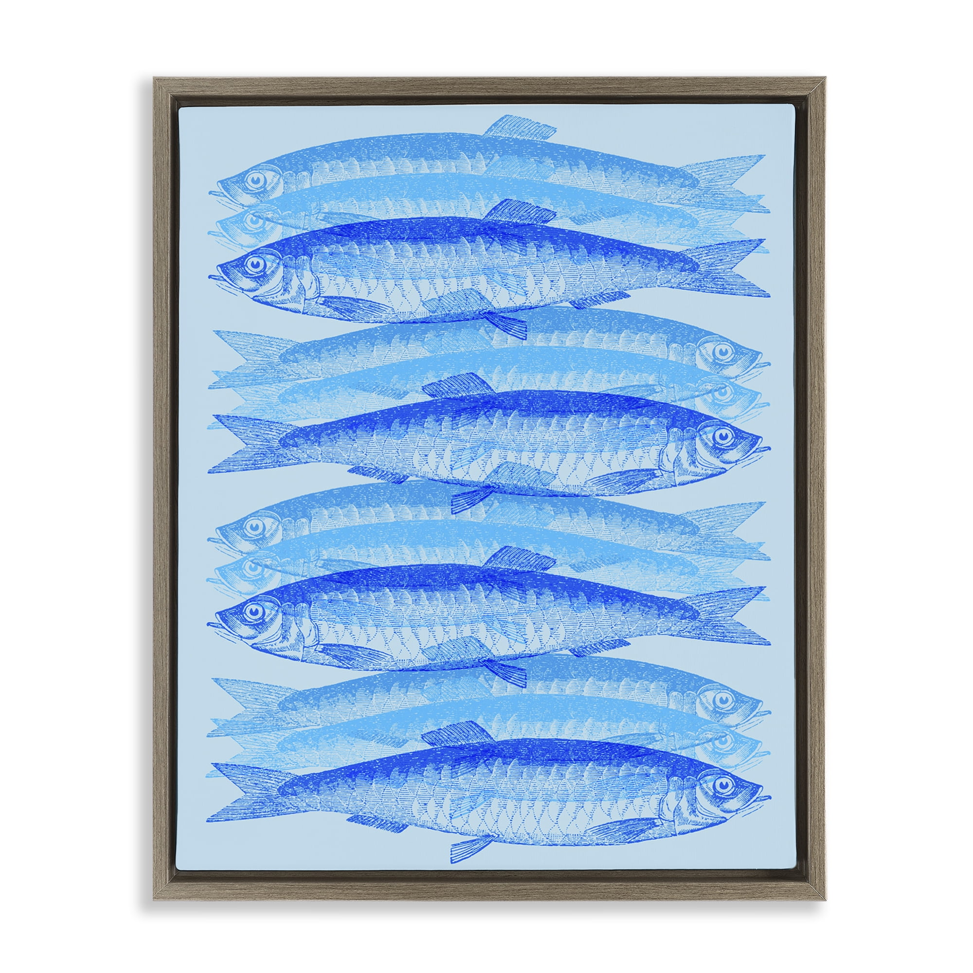 Stupell Industries Blue Layered Fish Animals & Insects Painting Brown Floater Framed Canvas Art Print Wall Art, 17 x 21