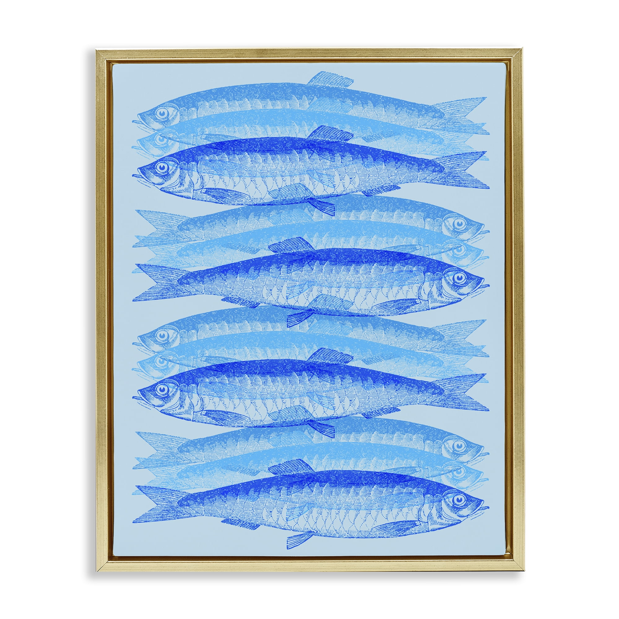 Stupell Industries Blue Layered Fish Animals & Insects Painting Gold Floater Framed Canvas Art Print Wall Art, 25 x 31