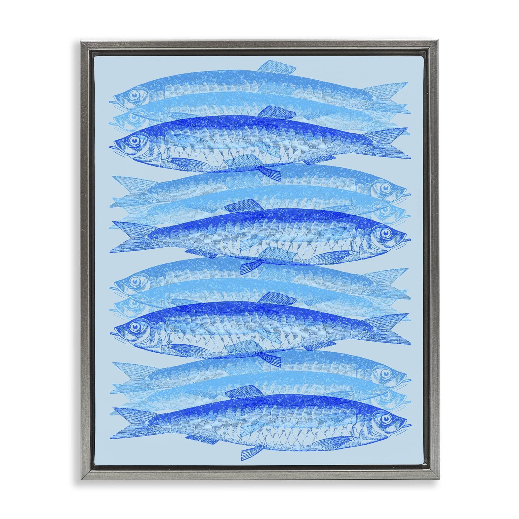 Stupell Industries Blue Layered Fish Animals & Insects Painting Gray Floater Framed Canvas Art Print Wall Art, 17 x 21