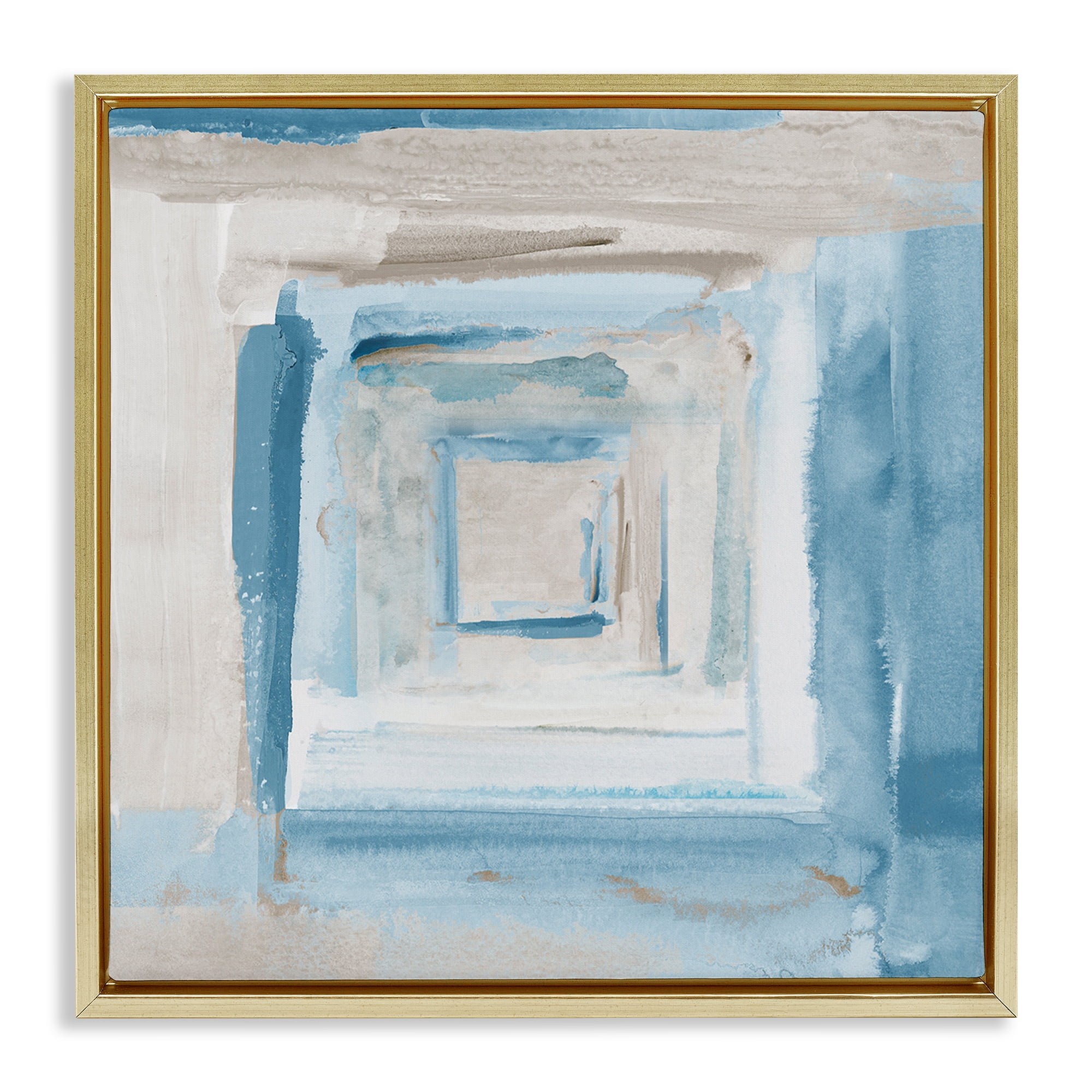 Stupell Industries Blue Layered Squares Abstract Painting Gold Floater Framed Canvas Art Print Wall Art, 18 x 18