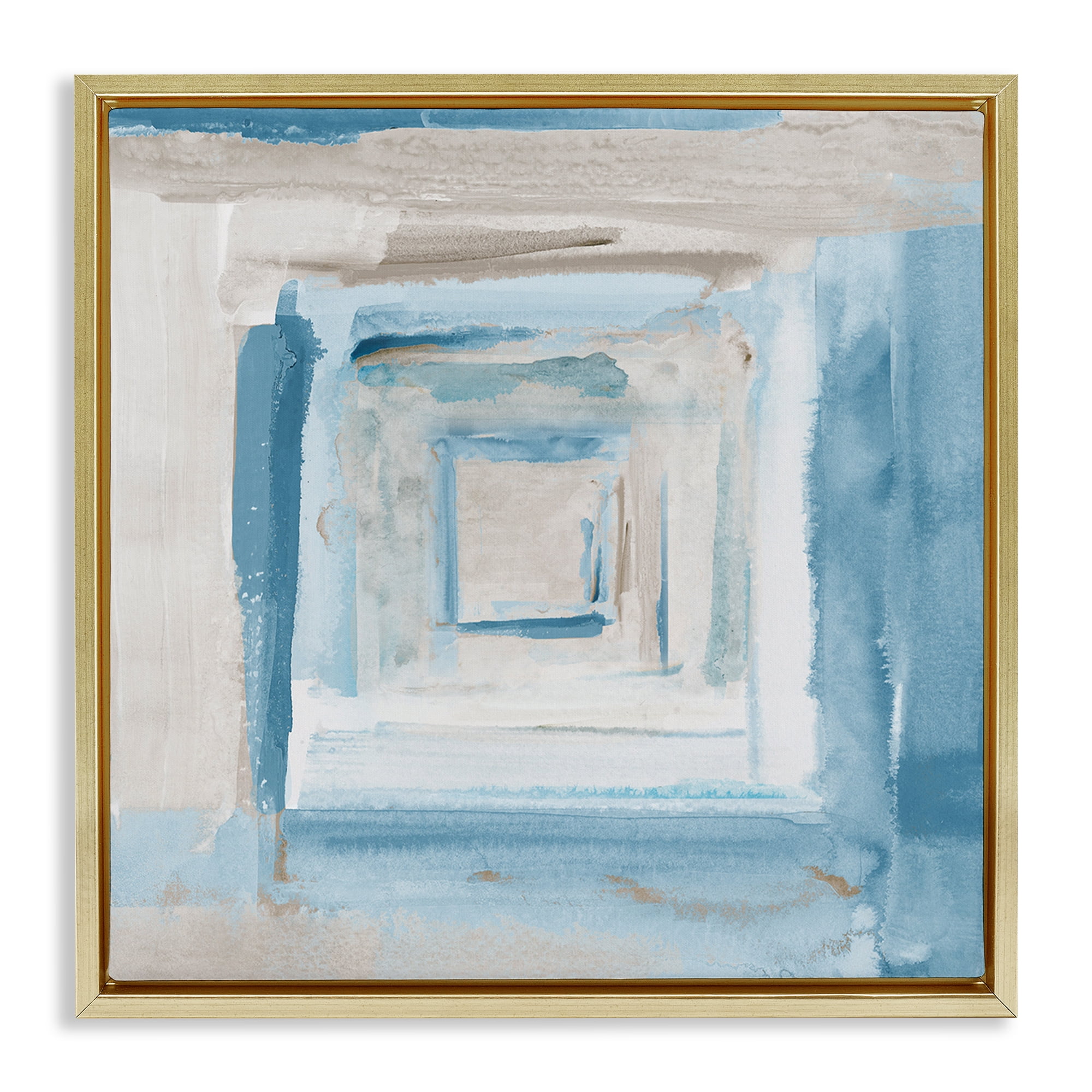 Stupell Industries Blue Layered Squares Abstract Painting Gold Floater Framed Canvas Art Print Wall Art, 25 x 25