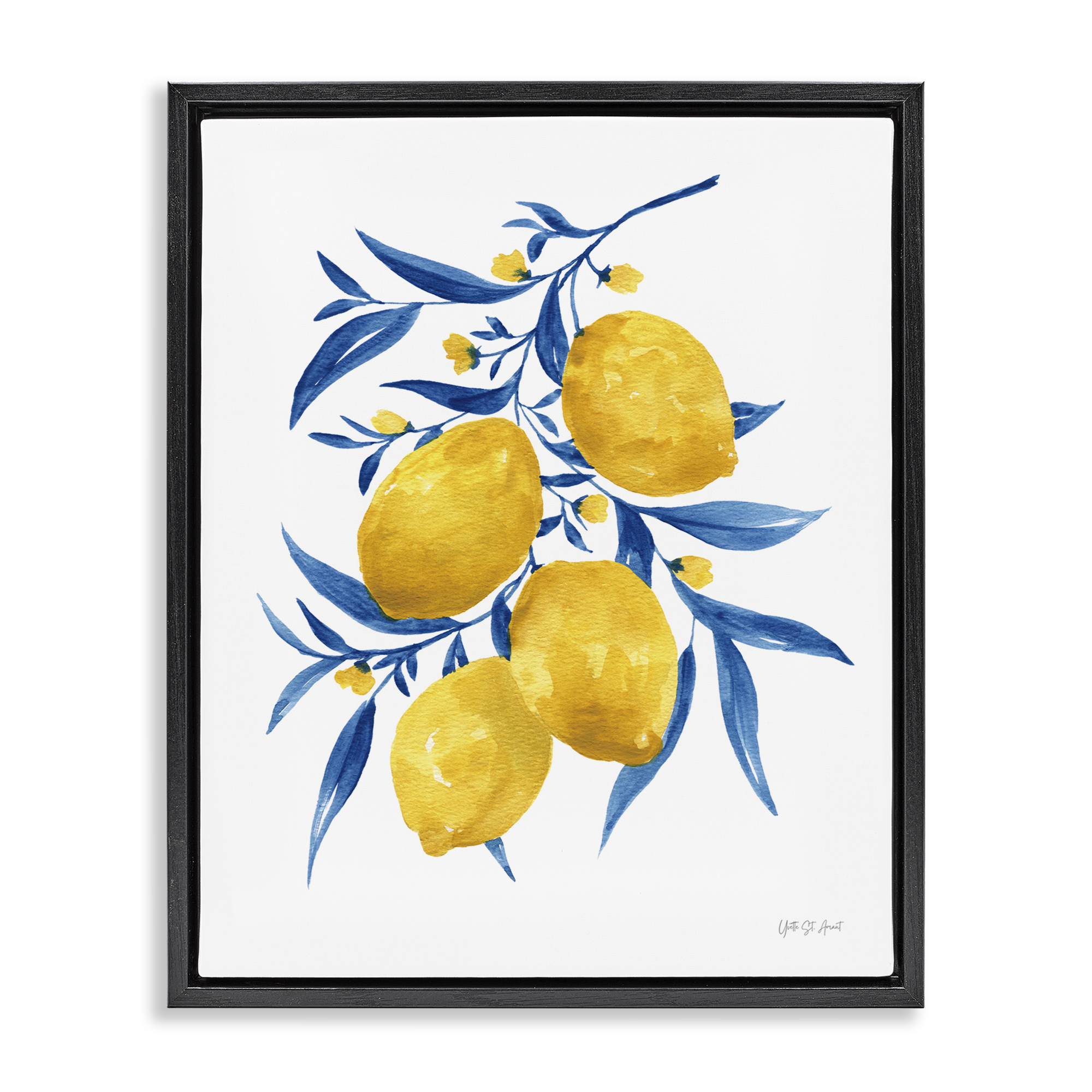 Stupell Industries Blue Leaf Lemons Food & Beverage Painting Black Floater Framed Canvas Art Print Wall Art, 17 x 21
