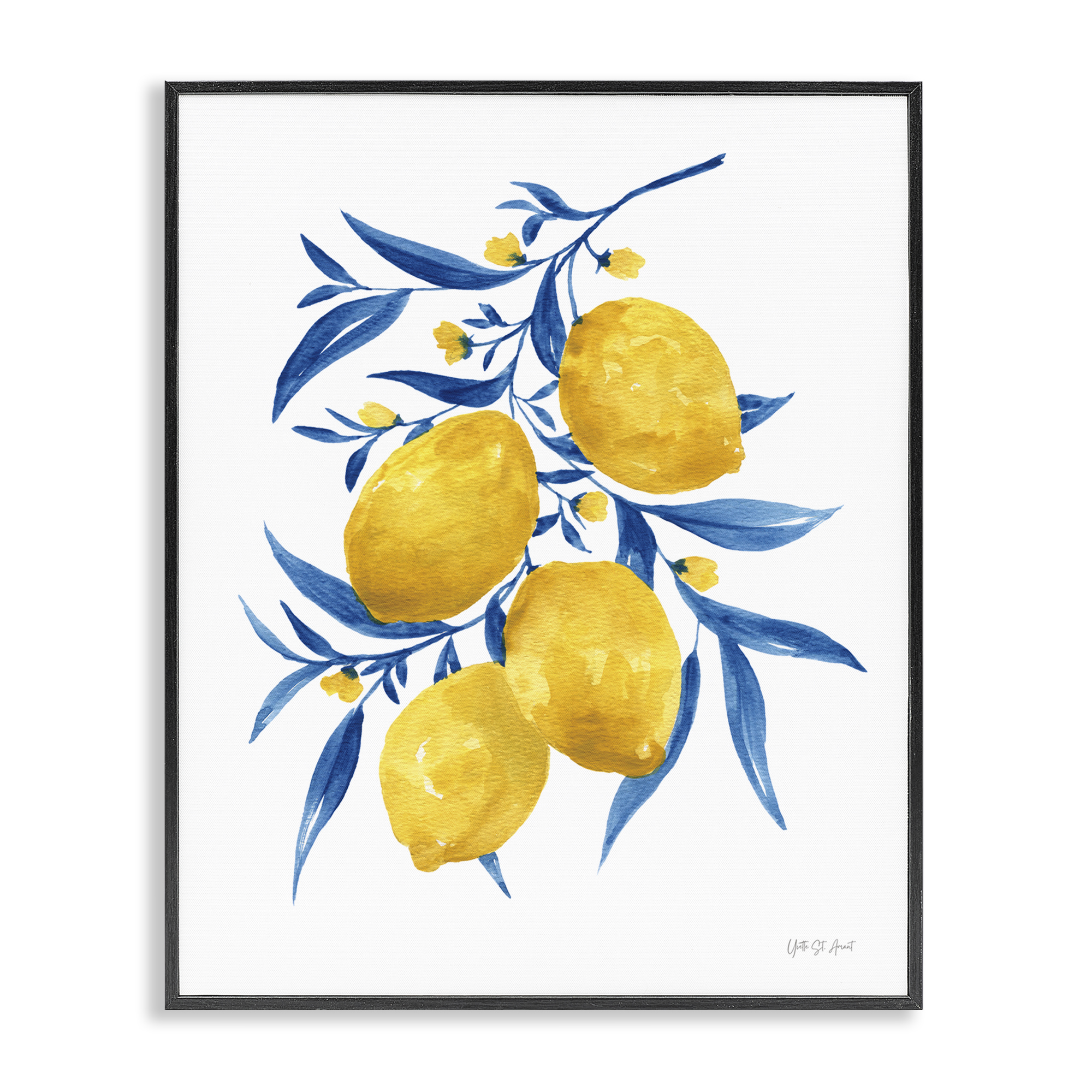 Stupell Industries Blue Leaf Lemons Food & Beverage Painting Black Framed Art Print Wall Art, 16 x 20