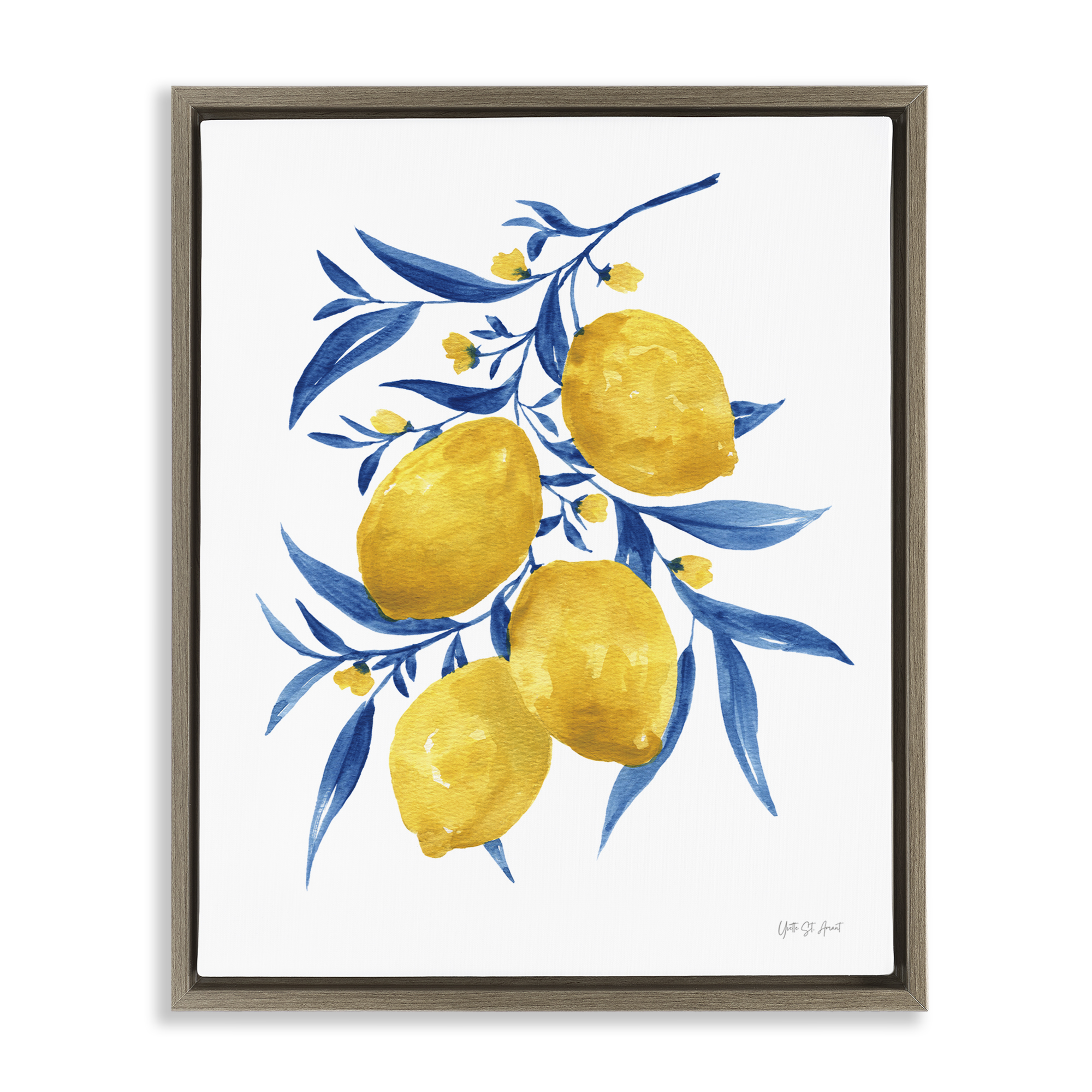 Stupell Industries Blue Leaf Lemons Food & Beverage Painting Brown Floater Framed Canvas Art Print Wall Art, 17 x 21