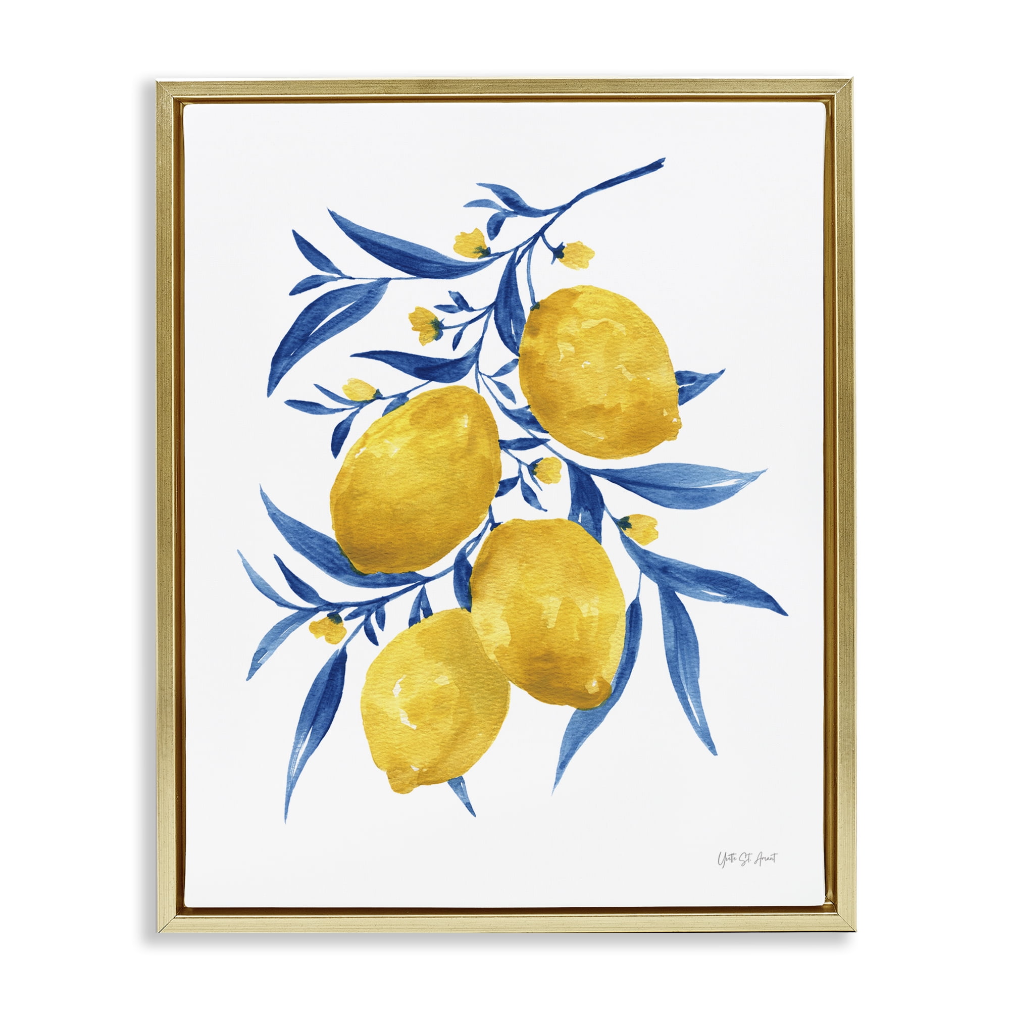 Stupell Industries Blue Leaf Lemons Food & Beverage Painting Gold Floater Framed Canvas Art Print Wall Art, 25 x 31