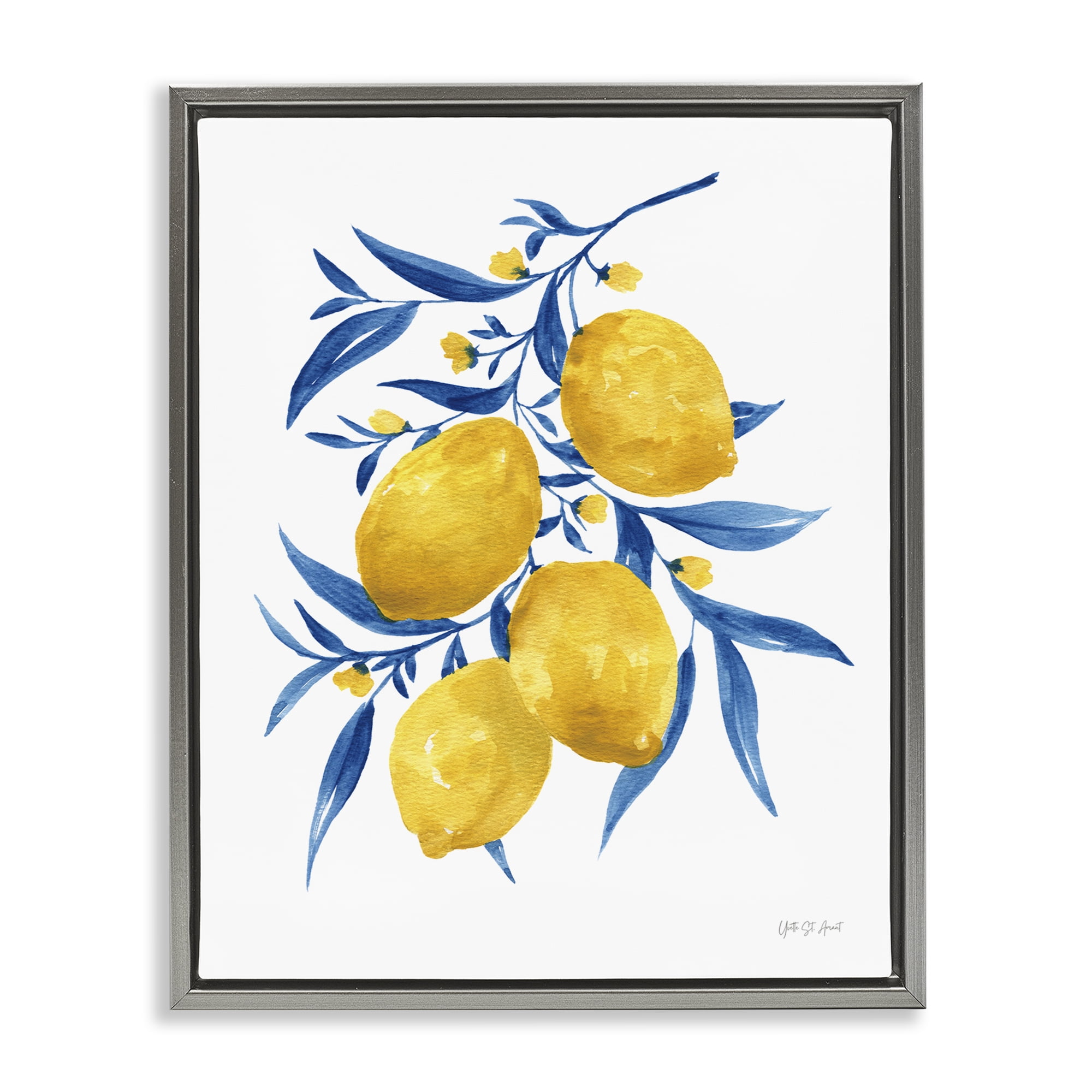 Stupell Industries Blue Leaf Lemons Food & Beverage Painting Gray Floater Framed Canvas Art Print Wall Art, 17 x 21