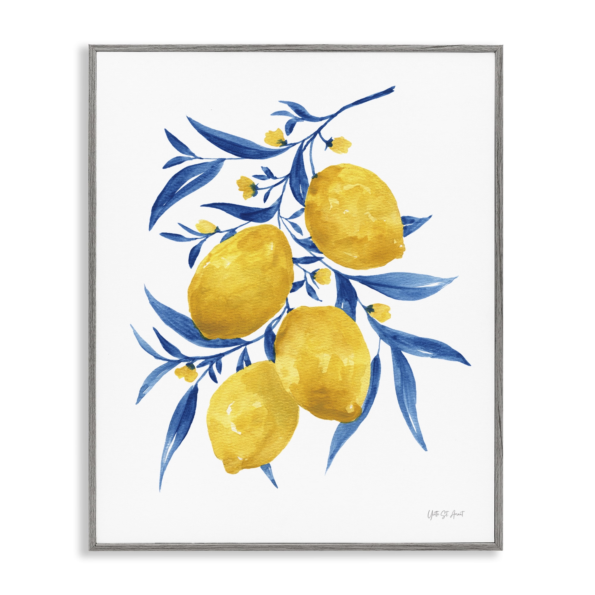 Stupell Industries Blue Leaf Lemons Food & Beverage Painting Gray Framed Art Print Wall Art, 24 x 30