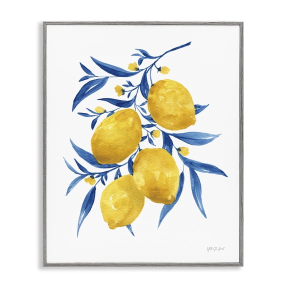 Stupell Industries Blue Leaf Lemons Food & Beverage Painting Gray Framed Art Print Wall Art, 24 x 30