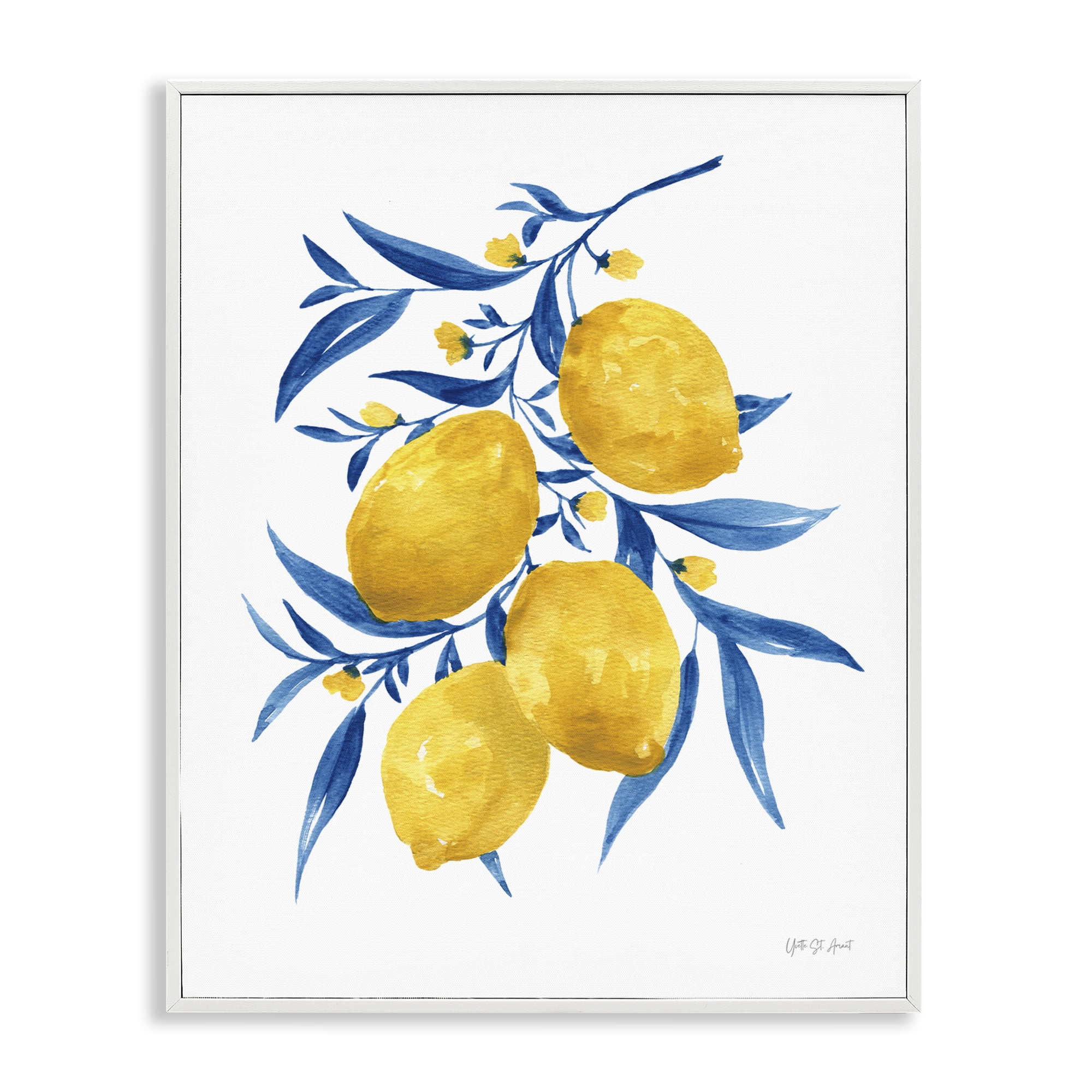 Stupell Industries Blue Leaf Lemons Food & Beverage Painting White Framed Art Print Wall Art, 16 x 20