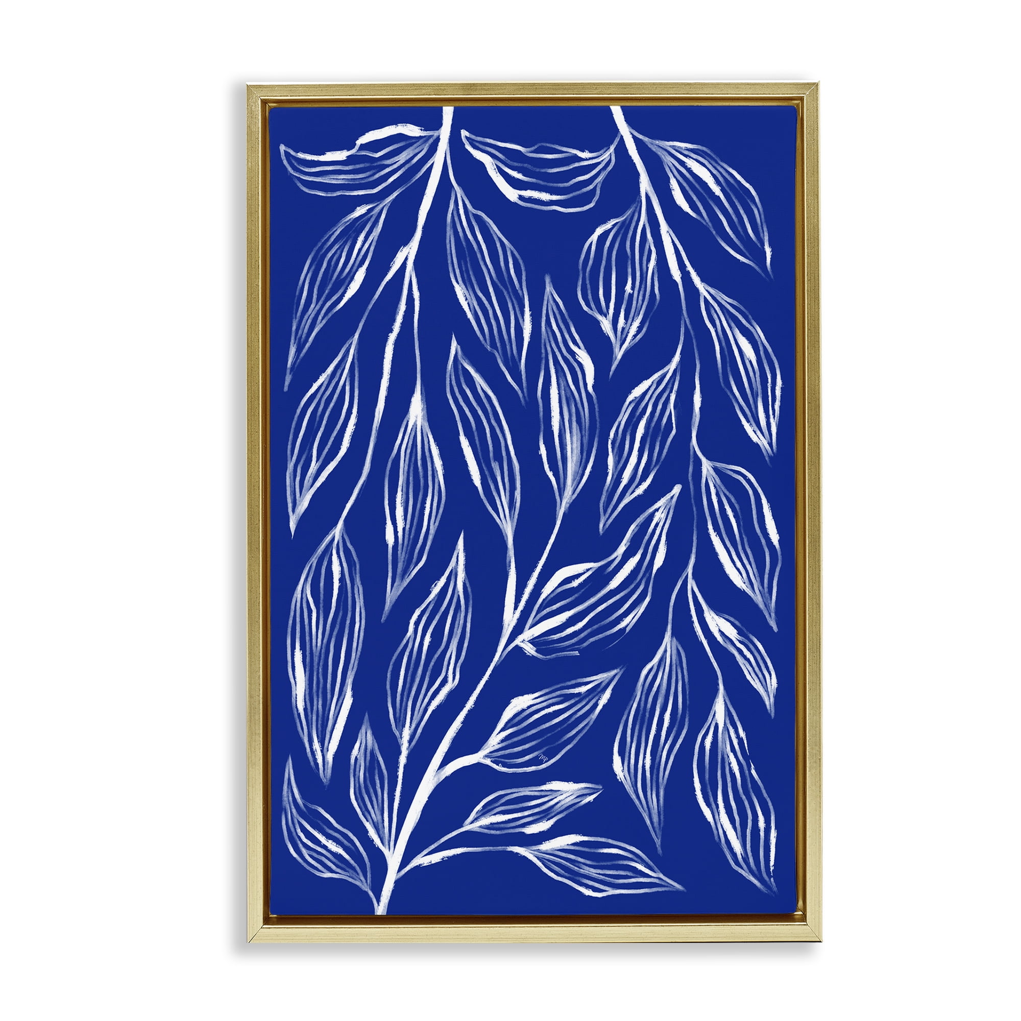 Stupell Industries Blue Leaves & Grasses Plants & Flowers Painting Gold Floater Framed Canvas Art Print Wall Art, 21 x 31