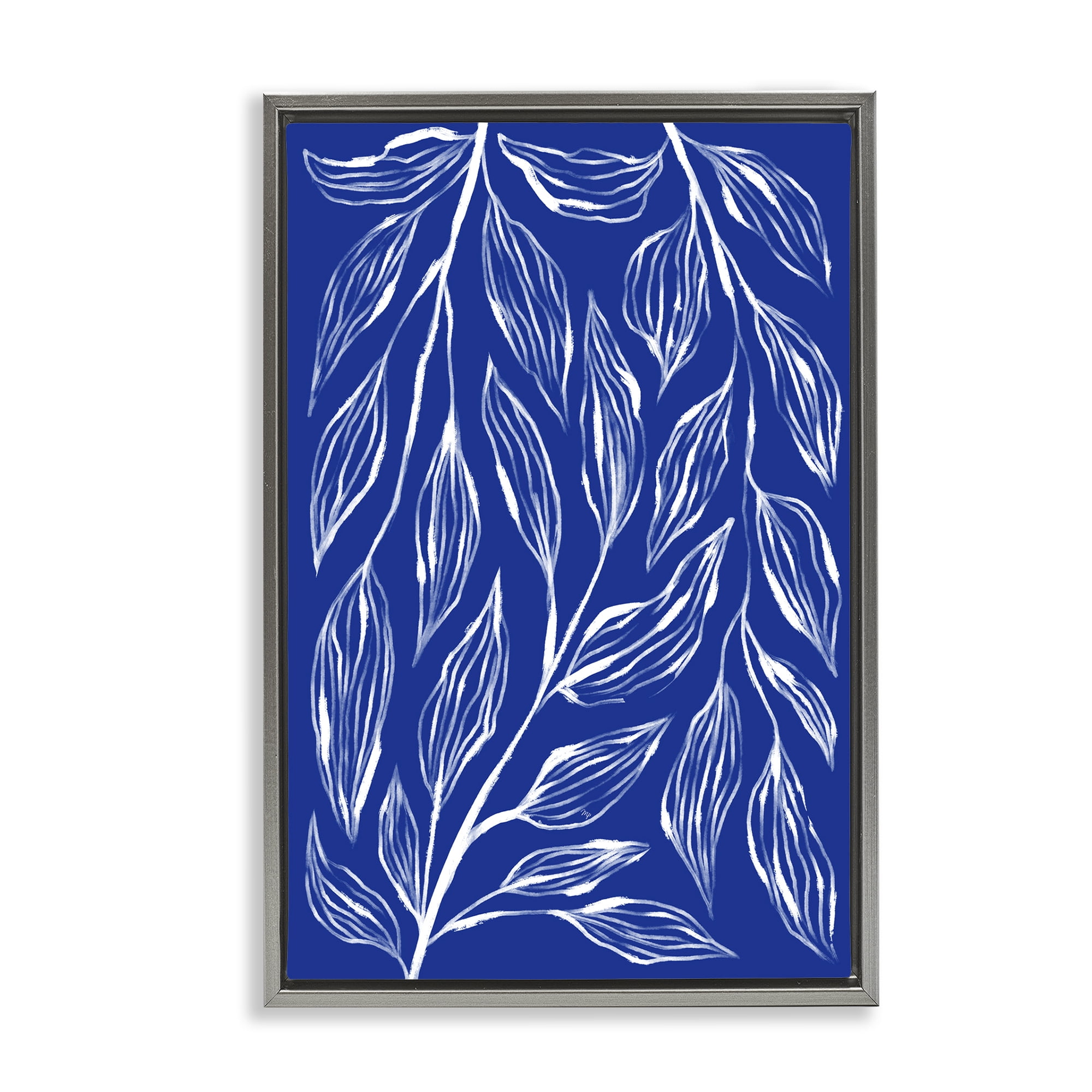 Stupell Industries Blue Leaves & Grasses Plants & Flowers Painting Gray Floater Framed Canvas Art Print Wall Art, 21 x 31
