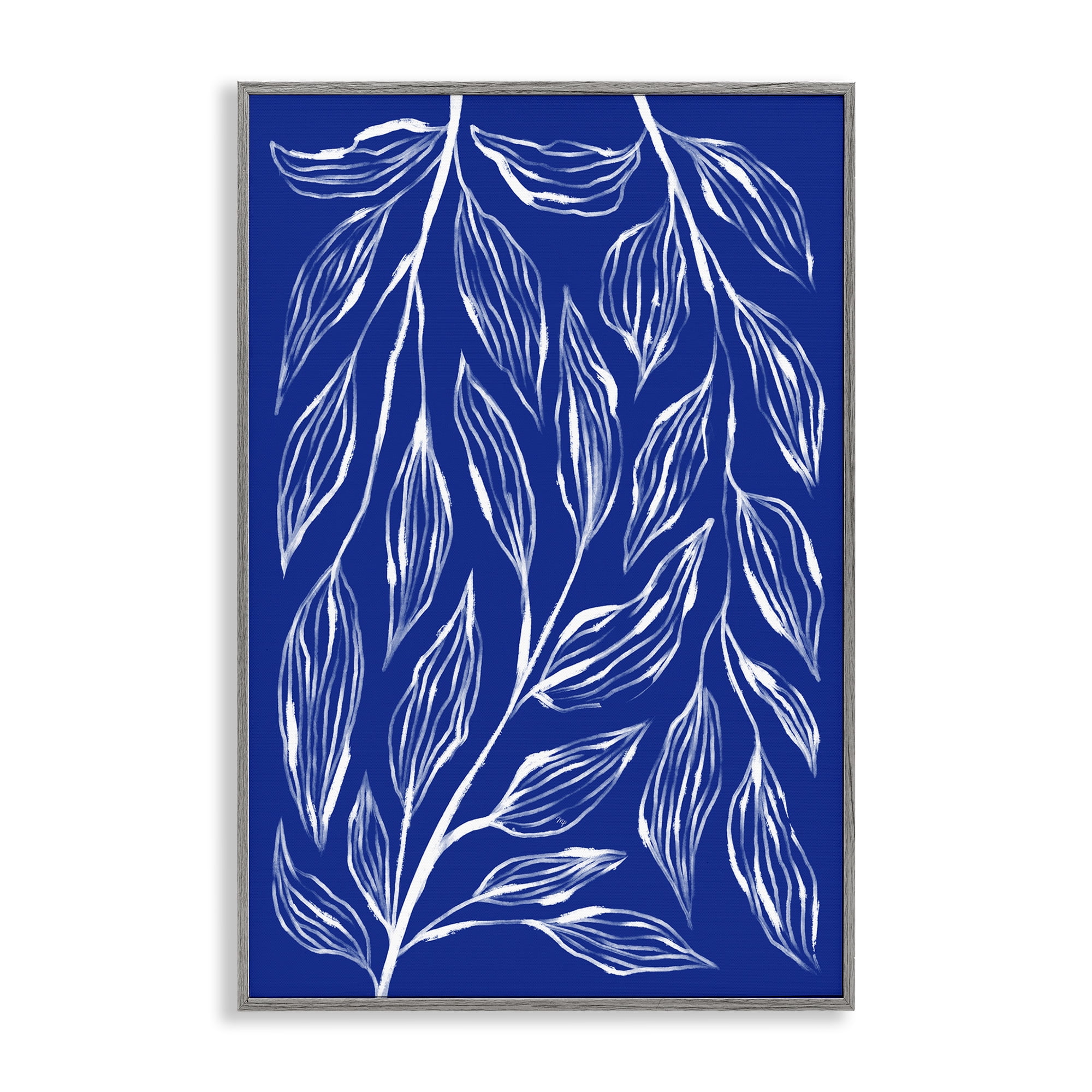 Stupell Industries Blue Leaves & Grasses Plants & Flowers Painting Gray Framed Art Print Wall Art, 16 x 24