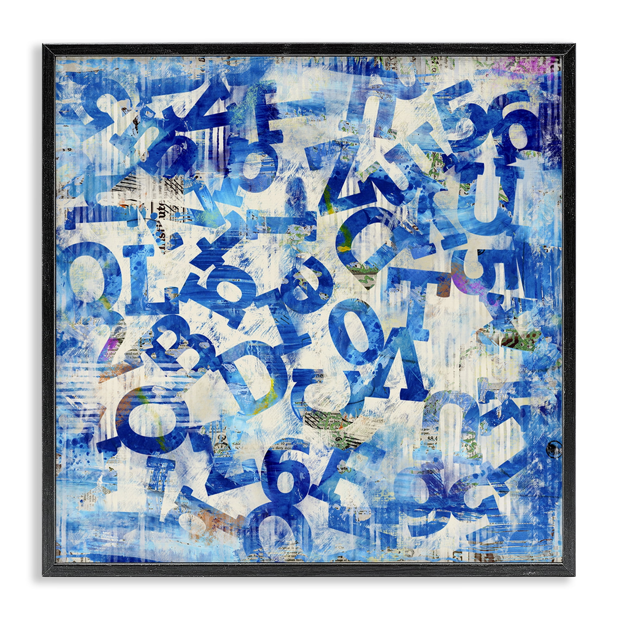 Stupell Industries Blue Letters Arrangement Abstract Painting Black Framed Art Print Wall Art, 24 x 24