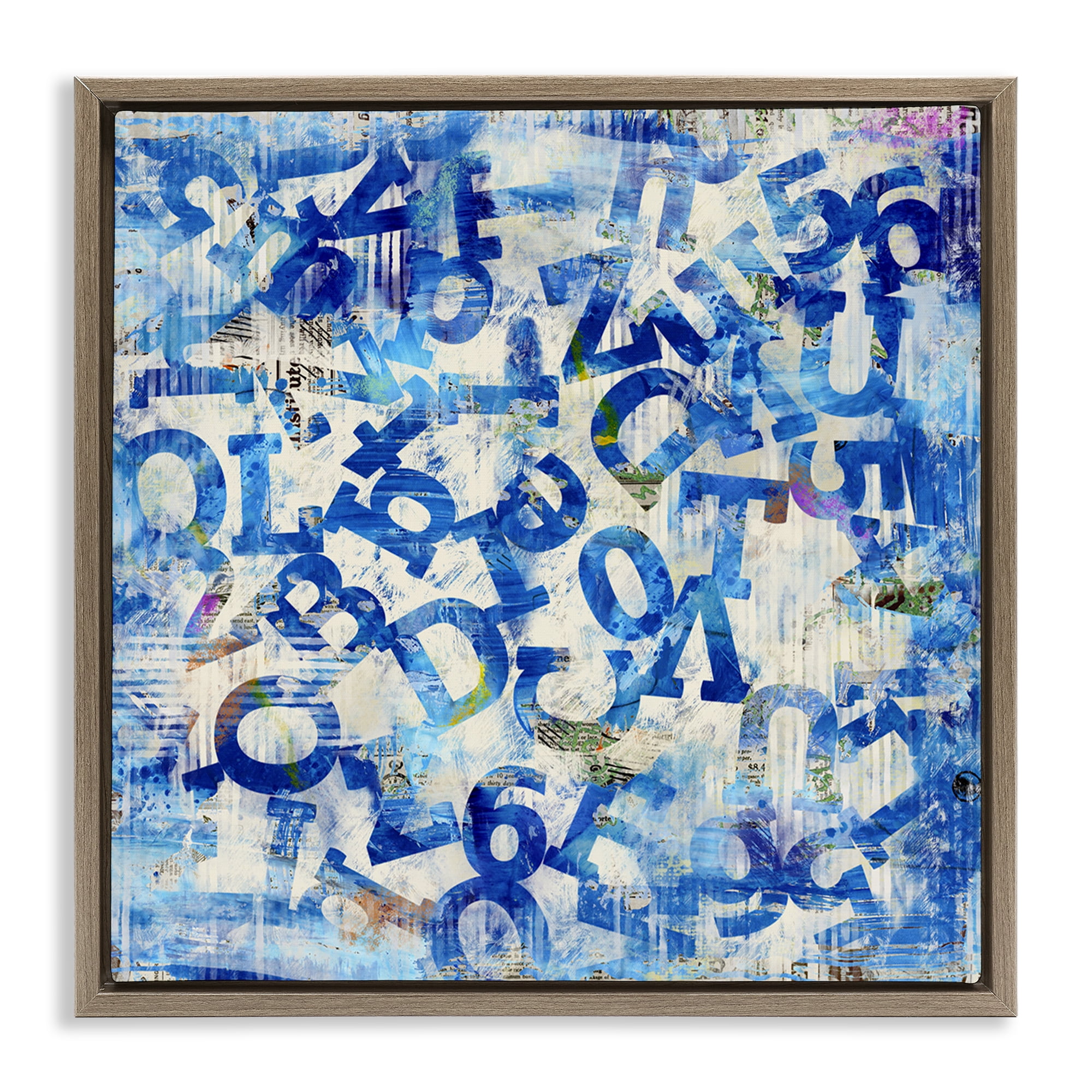 Stupell Industries Blue Letters Arrangement Abstract Painting Brown Floater Framed Canvas Art Print Wall Art, 25 x 25