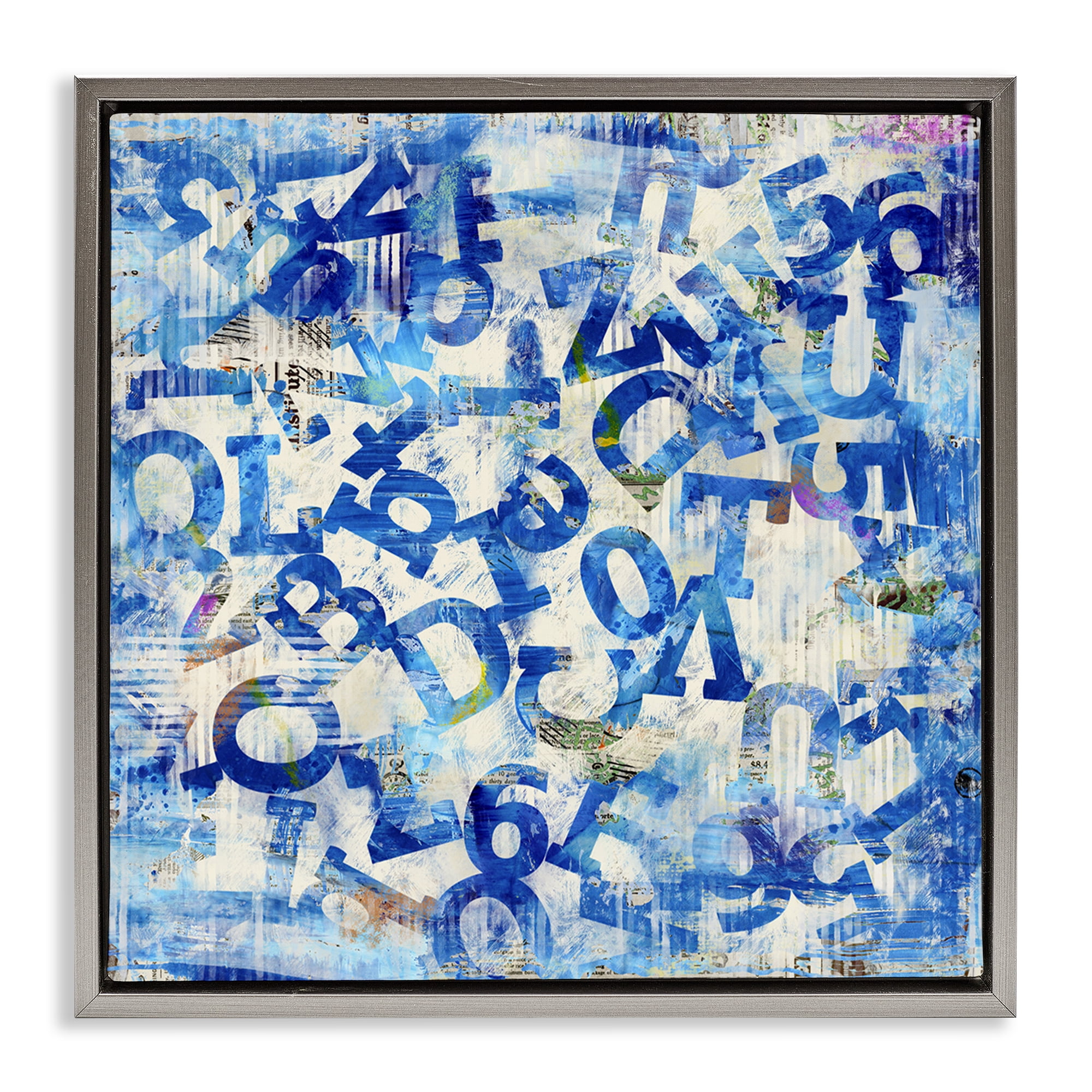 Stupell Industries Blue Letters Arrangement Abstract Painting Gray Floater Framed Canvas Art Print Wall Art, 18 x 18