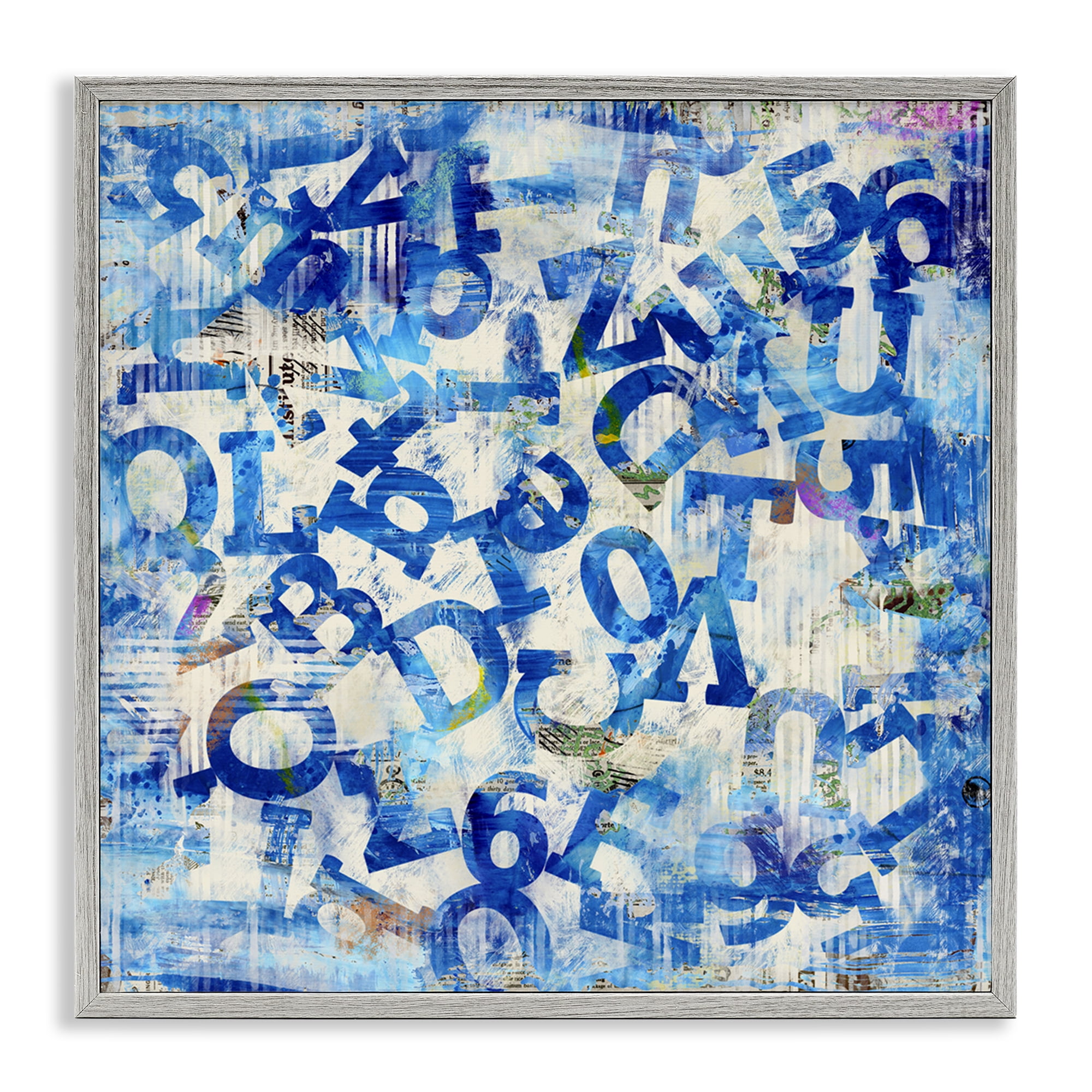 Stupell Industries Blue Letters Arrangement Abstract Painting Gray Framed Art Print Wall Art, 12 x 12