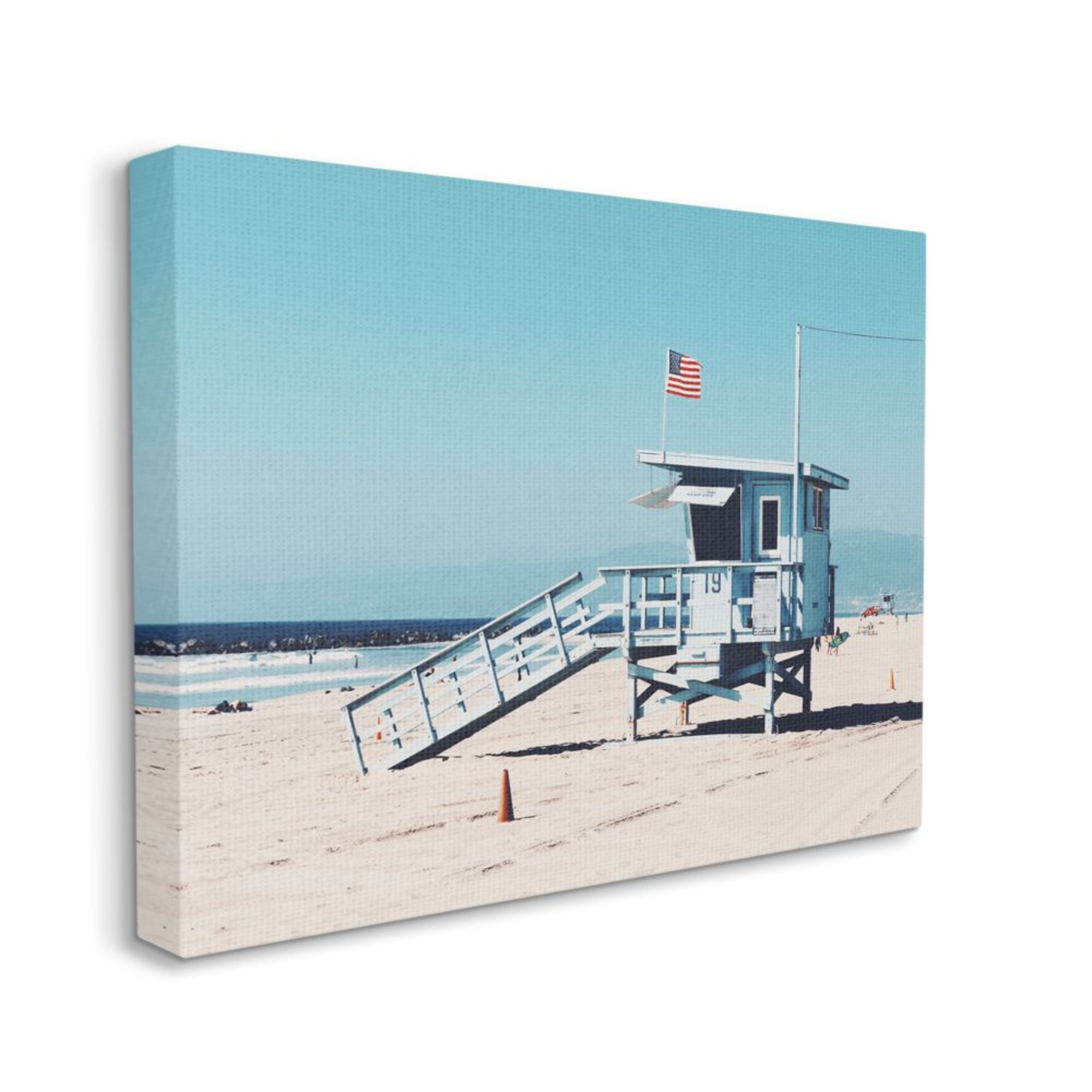 Stupell Industries Blue Lifeguard Stand at Coastline American Flag Design by Unsplash, 24" x 30"
