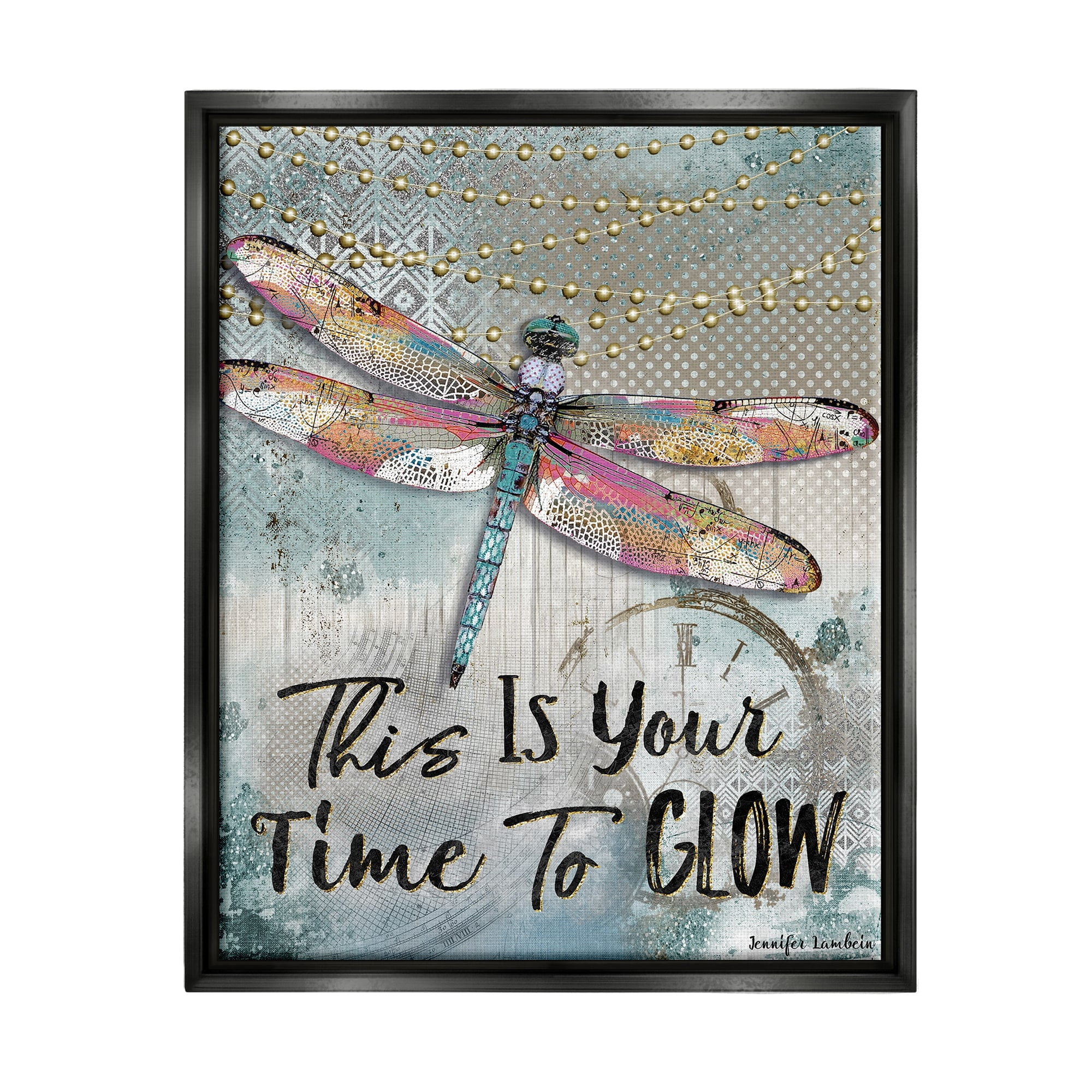 Stupell Industries Blue Lights This Is Your Time To Glow Inspirational Dragonfly Jet Black Framed Floating Canvas Wall Art, 24x30, by Jennifer Lambein