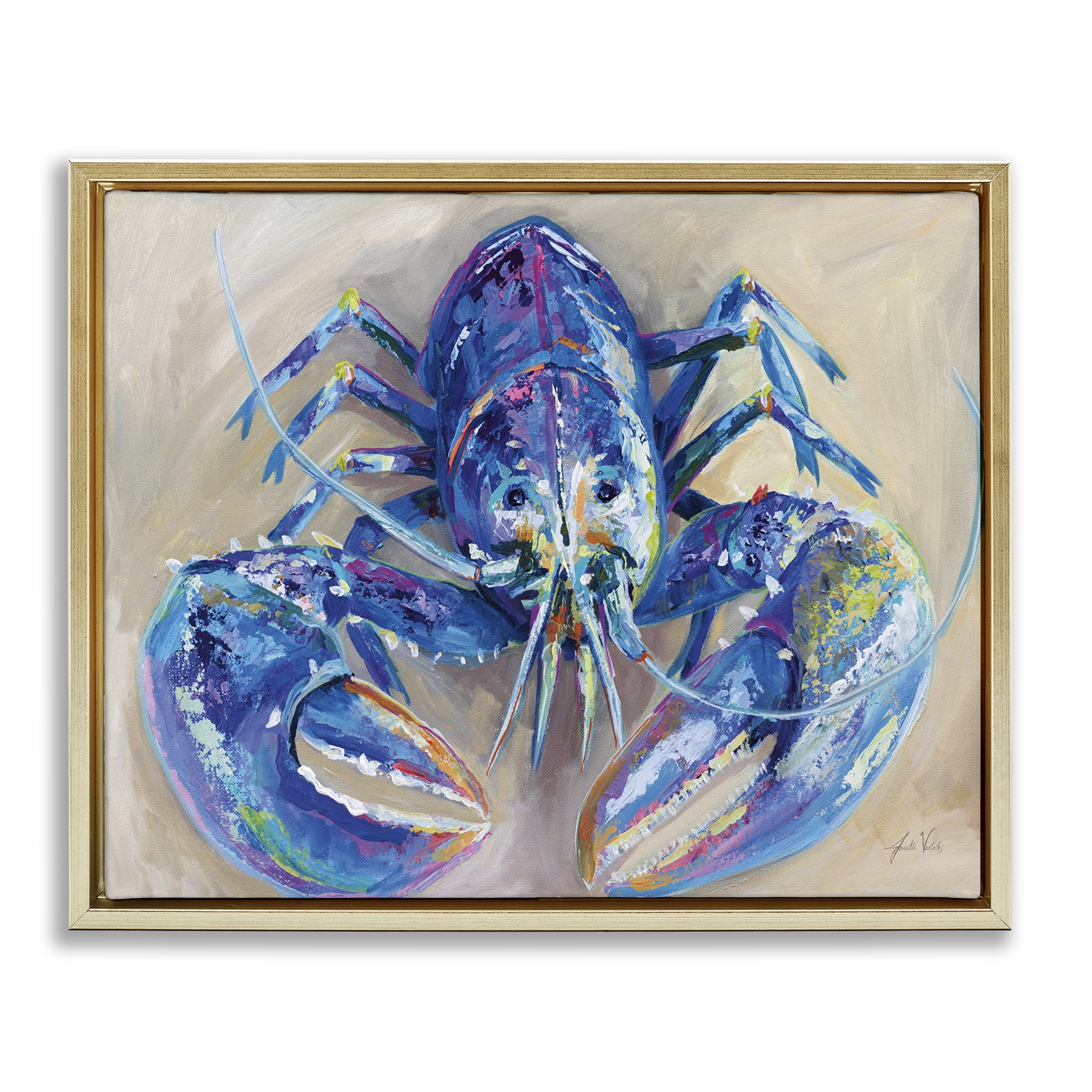 Stupell Industries Blue Lobster Impression Animals Painting Gold Floater Framed Canvas Art Print Wall Art, 21 x 17