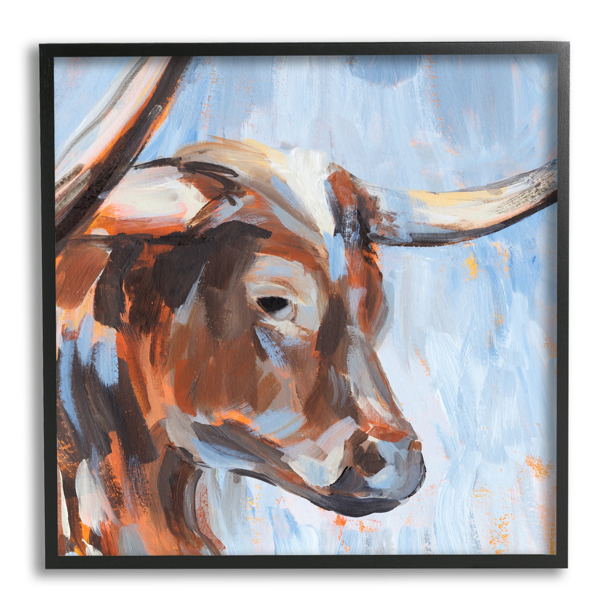 Stupell Industries Blue Longhorn Cattle Portrait Animals & Insects Painting Black Framed Art Print Wall Art, 17 x 17
