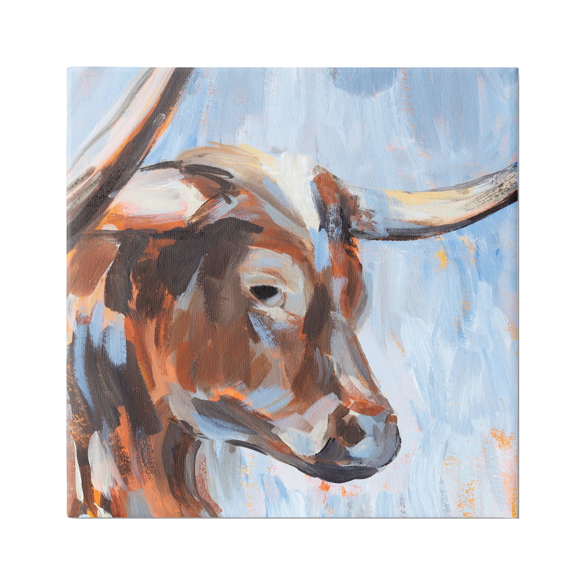 Stupell Industries Blue Longhorn Cattle Portrait Animals & Insects Painting Gallery Wrapped Canvas Print Wall Art, 24 x 24