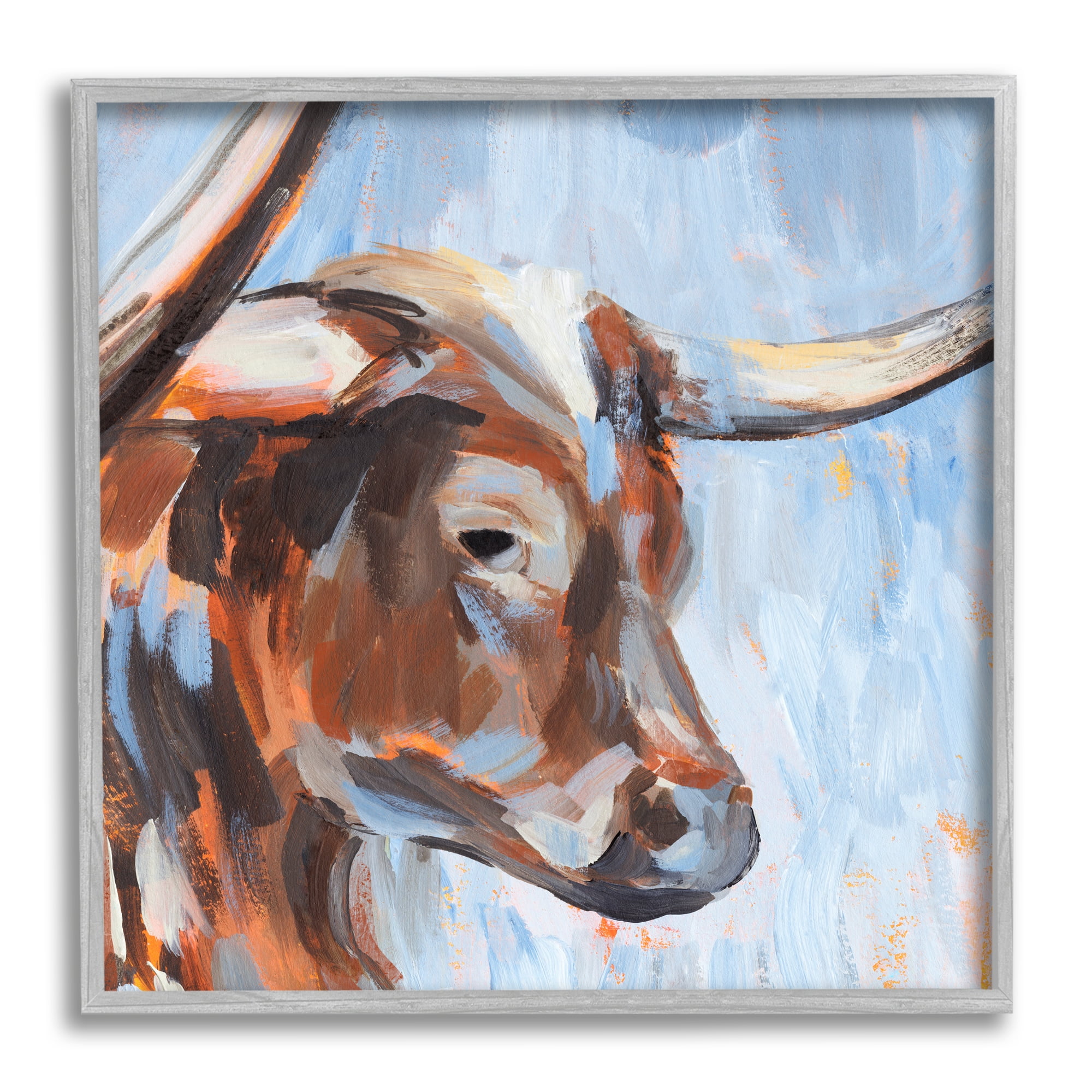 Stupell Industries Blue Longhorn Cattle Portrait Animals & Insects Painting Gray Framed Art Print Wall Art, 17 x 17