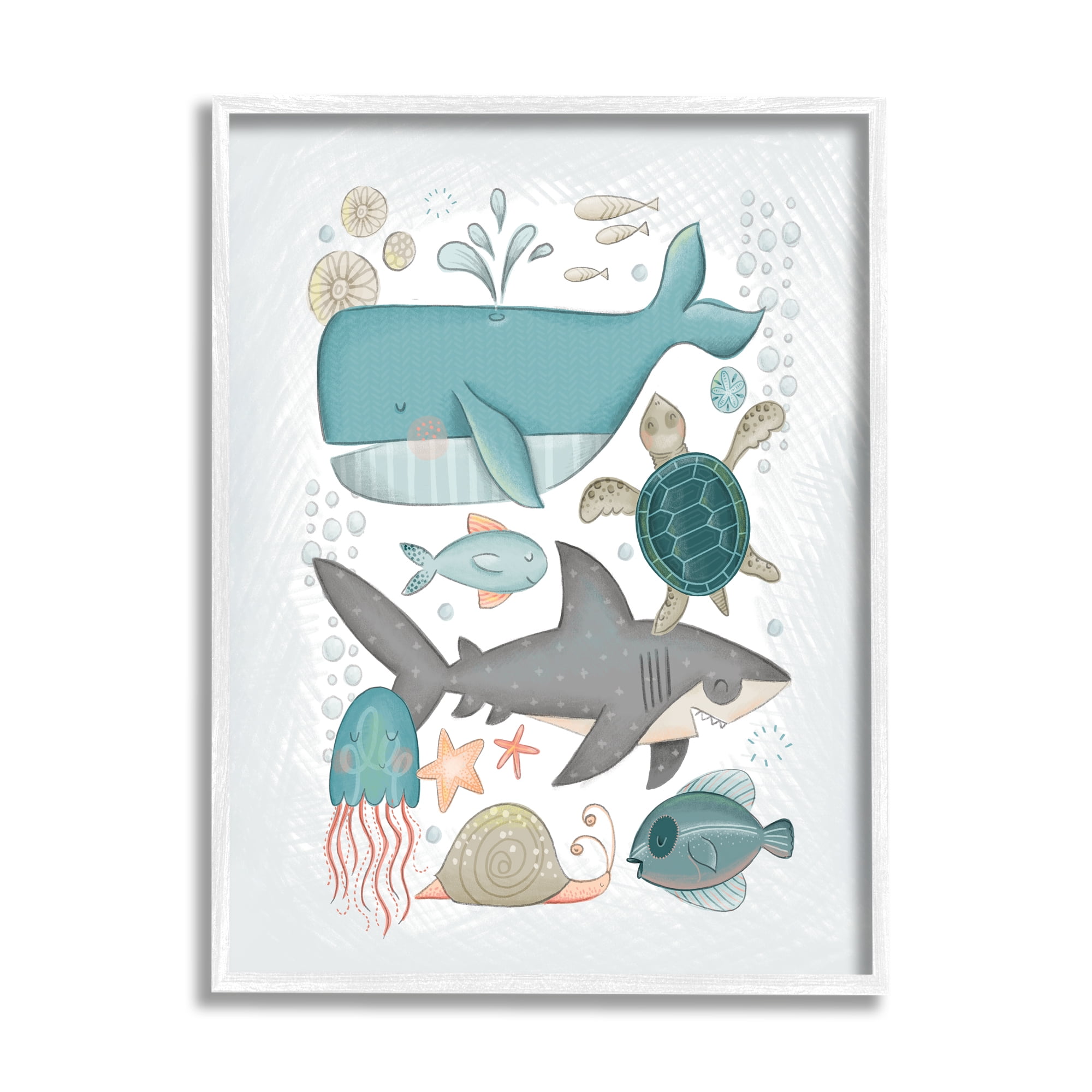 Stupell Industries Blue Maritime Animals Animals & Insects Painting White Framed Art Print Wall Art, 16 x 20