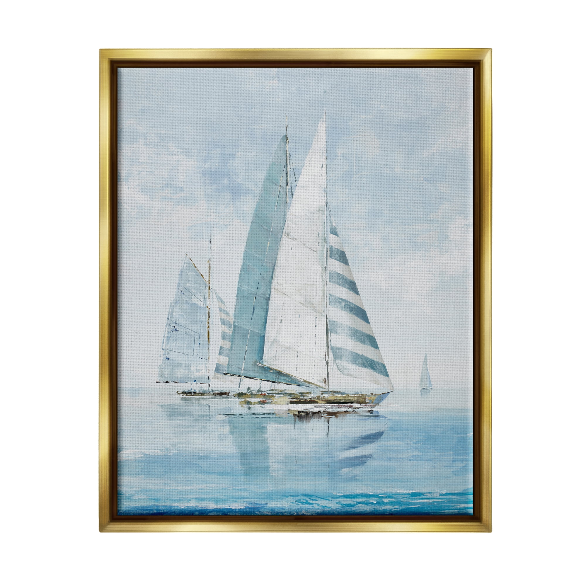 Stupell Industries Blue Maritime Sailboats Transportation Painting Gold Floater Framed Canvas Art Print Wall Art, 17 x 21