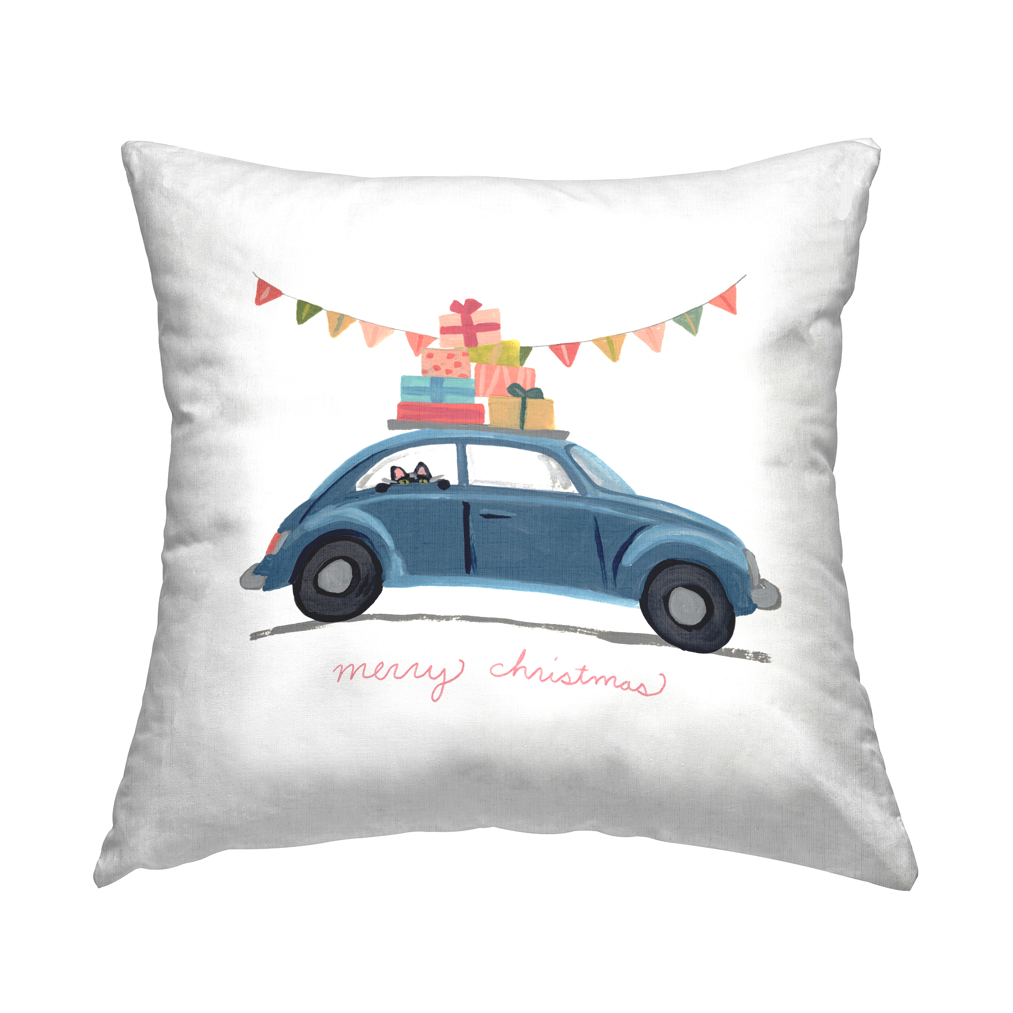 Stupell Industries Blue Merry Christmas Car Peeking Cat Gifts Design by June Erica Vess Throw Pillow