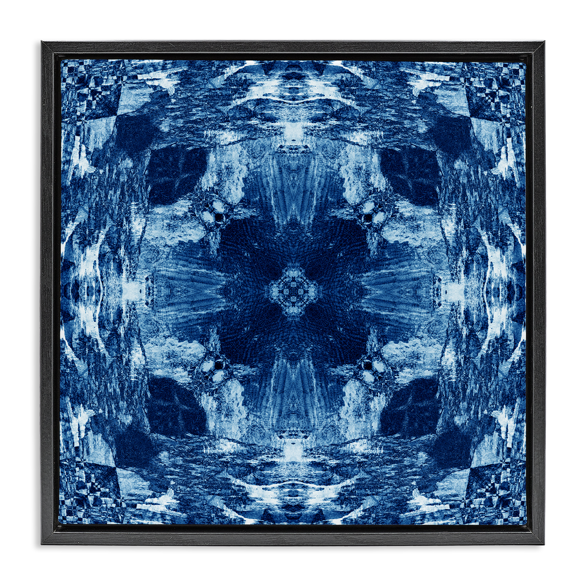 Stupell Industries Blue Mirrored Symmetry Abstract Painting Black Floater Framed Canvas Art Print Wall Art, 18 x 18