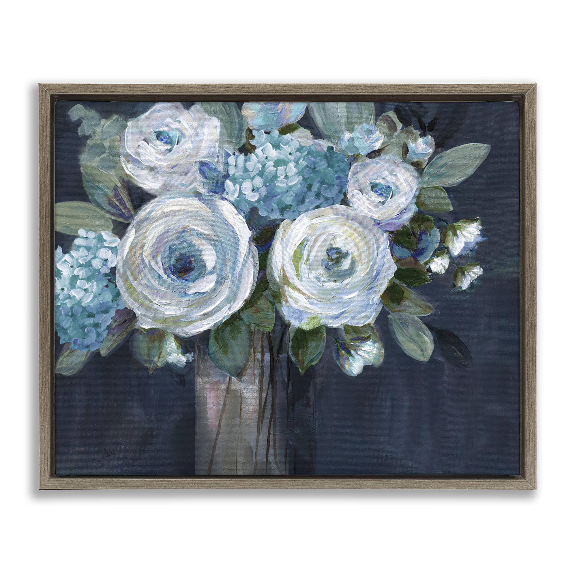 Stupell Industries Blue Mixed Bouquet Plants & Flowers Painting Brown Floater Framed Canvas Art Print Wall Art, 31 x 25