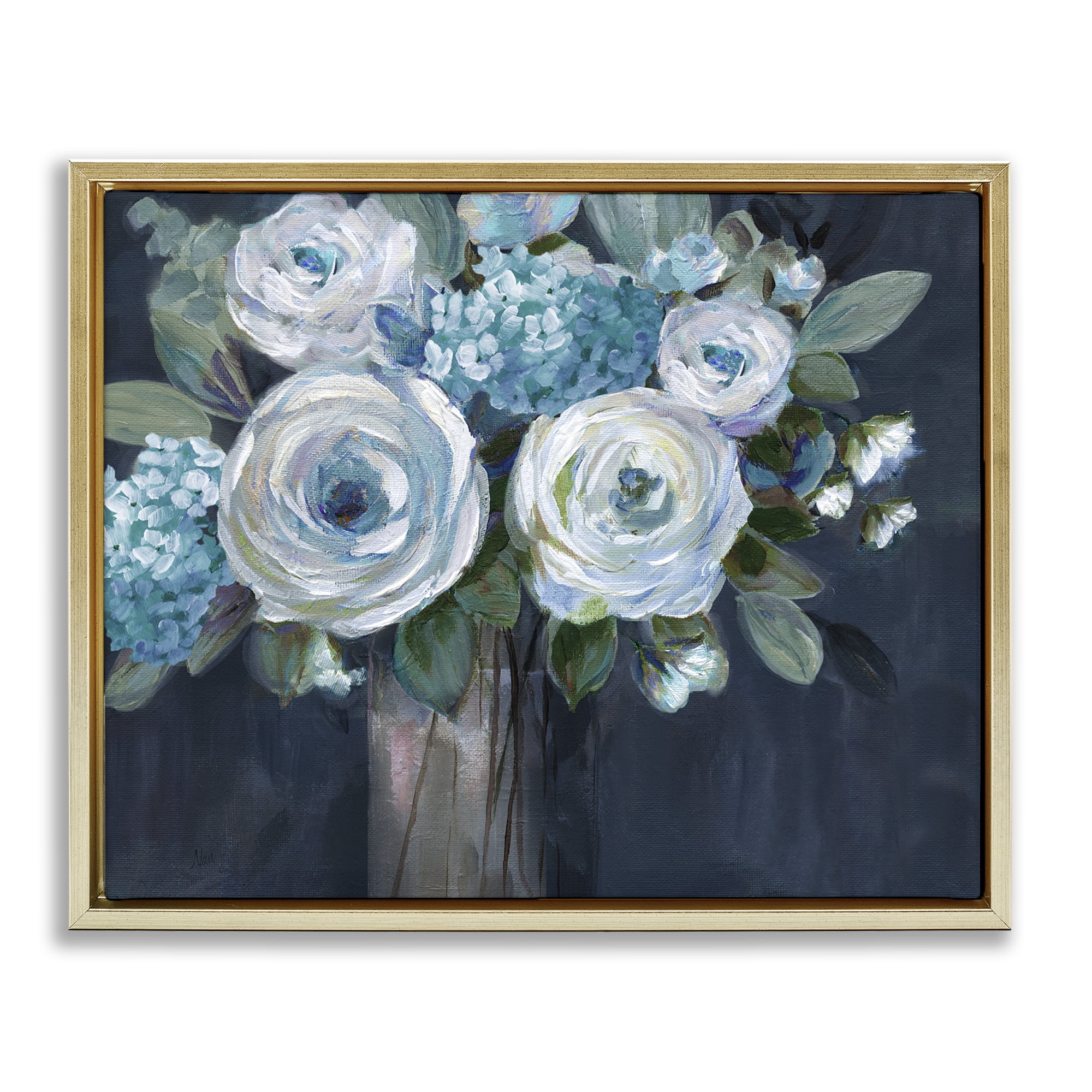 Stupell Industries Blue Mixed Bouquet Plants & Flowers Painting Gold Floater Framed Canvas Art Print Wall Art, 21 x 17