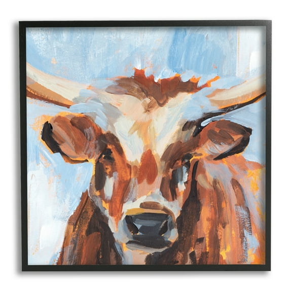 Stupell Industries Blue Modern Farm Cow Cattle Brushstrokes Painting Framed Wall Art, 17 x 30, Design by Annie Warren