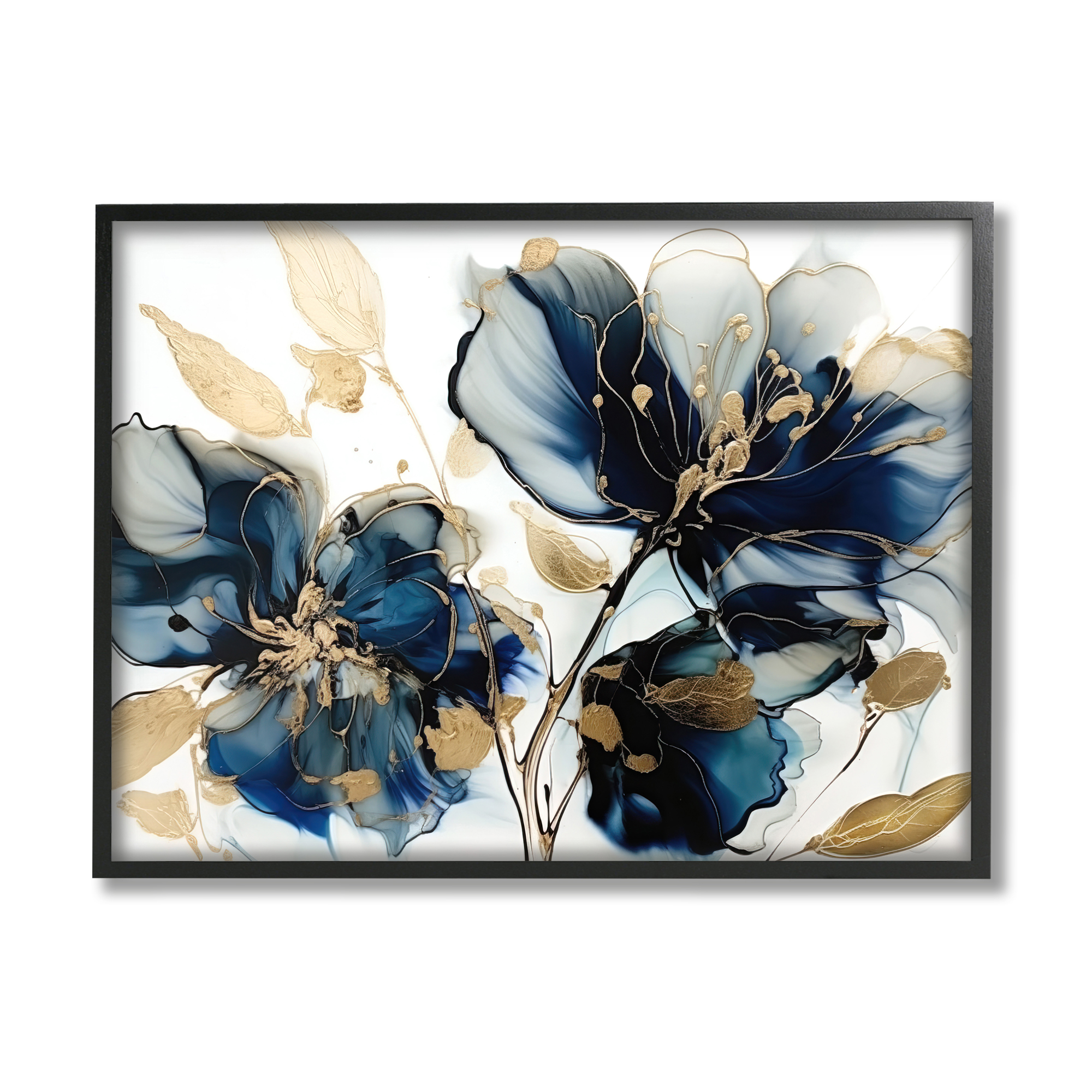 Stupell Industries Blue Modern Flowers Botanical & Floral Painting Black Framed Art Print Wall Art, 20 x 16