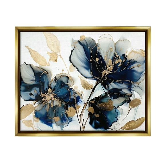 Stupell Industries Blue Modern Flowers Botanical & Floral Painting Gold Floater Framed Art Print Wall Art, 21 x 17