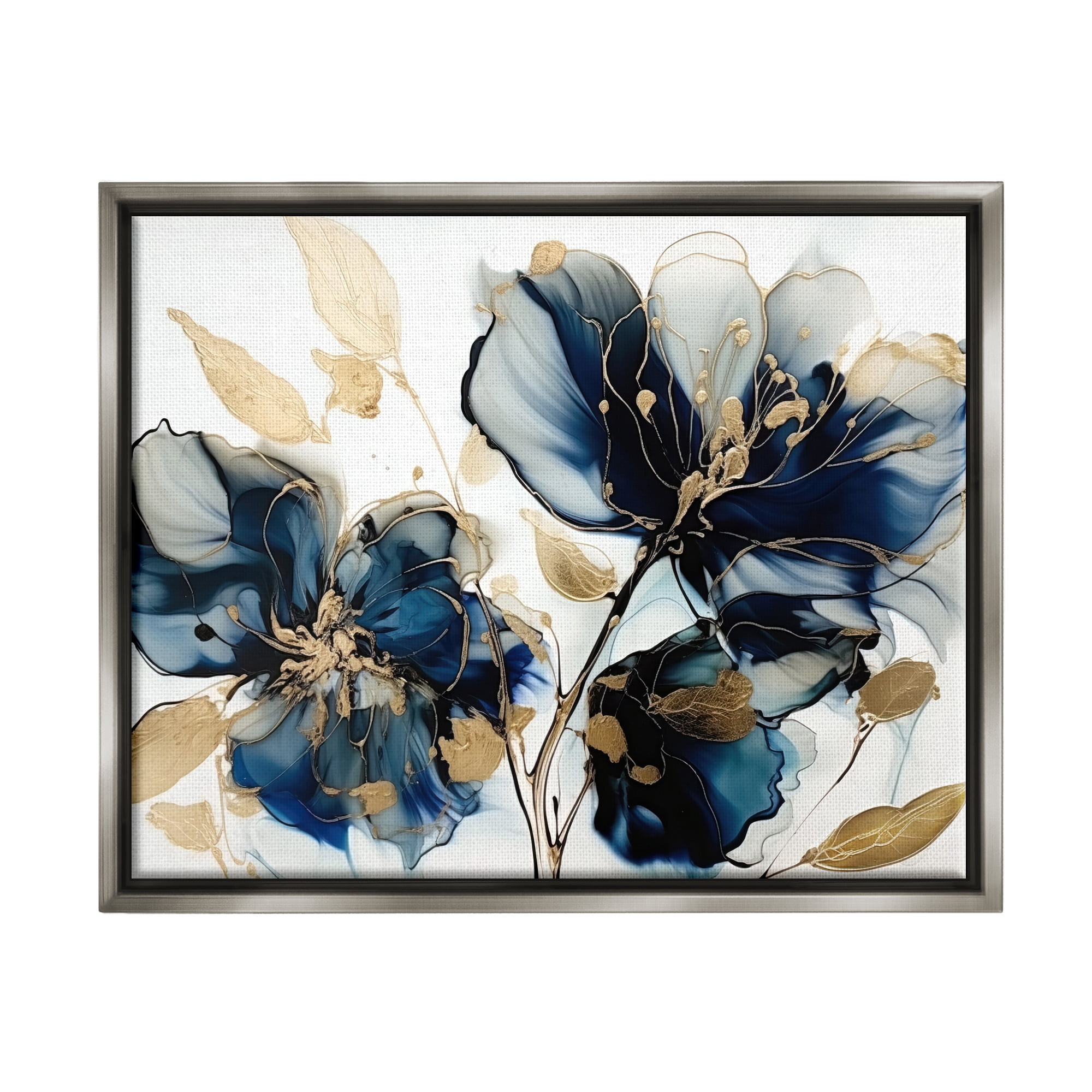 Stupell Industries Blue Modern Flowers Botanical & Floral Painting Gray Floater Framed Art Print Wall Art, 21 x 17