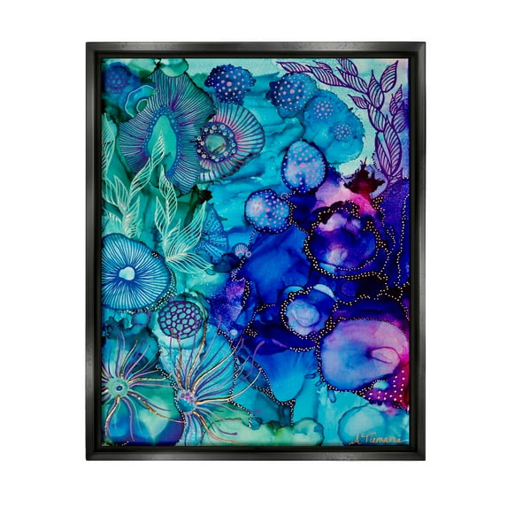Stupell Industries Blue Modern Sea Life Abstract Painting Black Floater Framed Canvas Art Print Wall Art, 17 x 21