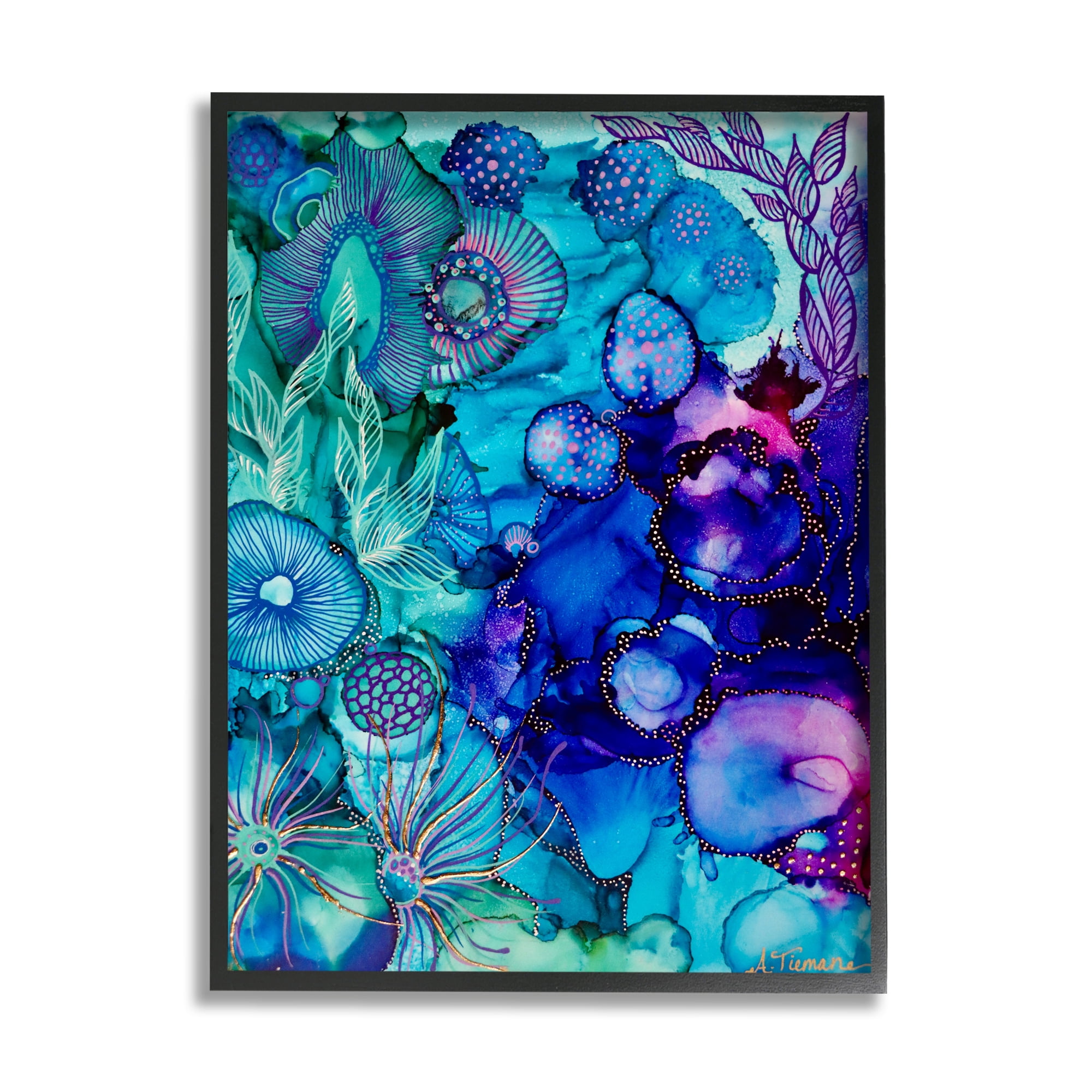 Stupell Industries Blue Modern Sea Life Abstract Painting Black Framed Art Print Wall Art, 16 x 20