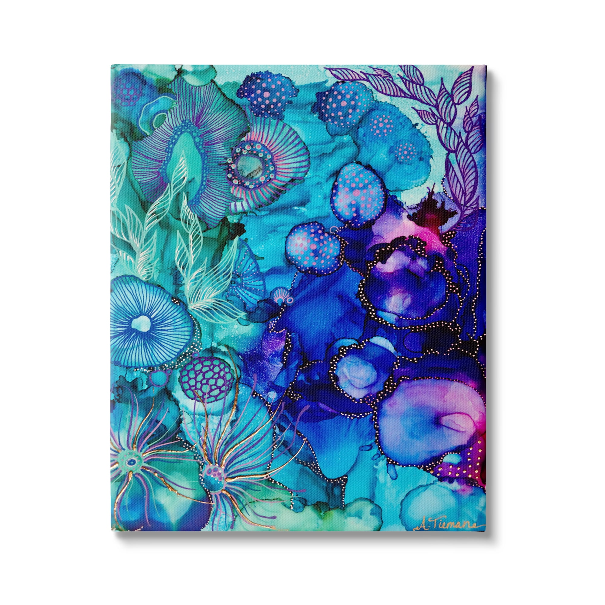 Stupell Industries Blue Modern Sea Life Abstract Painting Gallery Wrapped Canvas Art Print Wall Art, 36 x 48