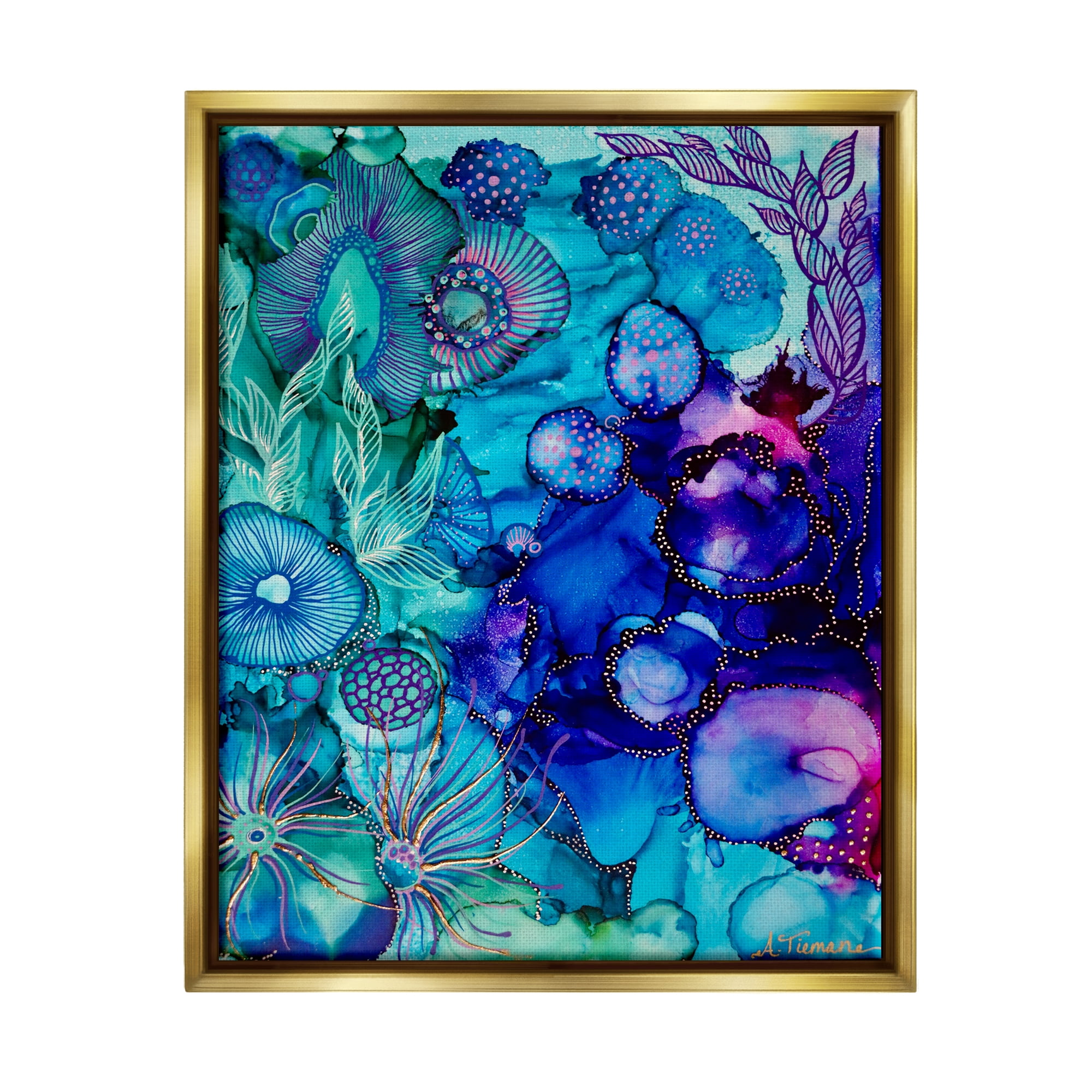 Stupell Industries Blue Modern Sea Life Abstract Painting Gold Floater Framed Canvas Art Print Wall Art, 25 x 31