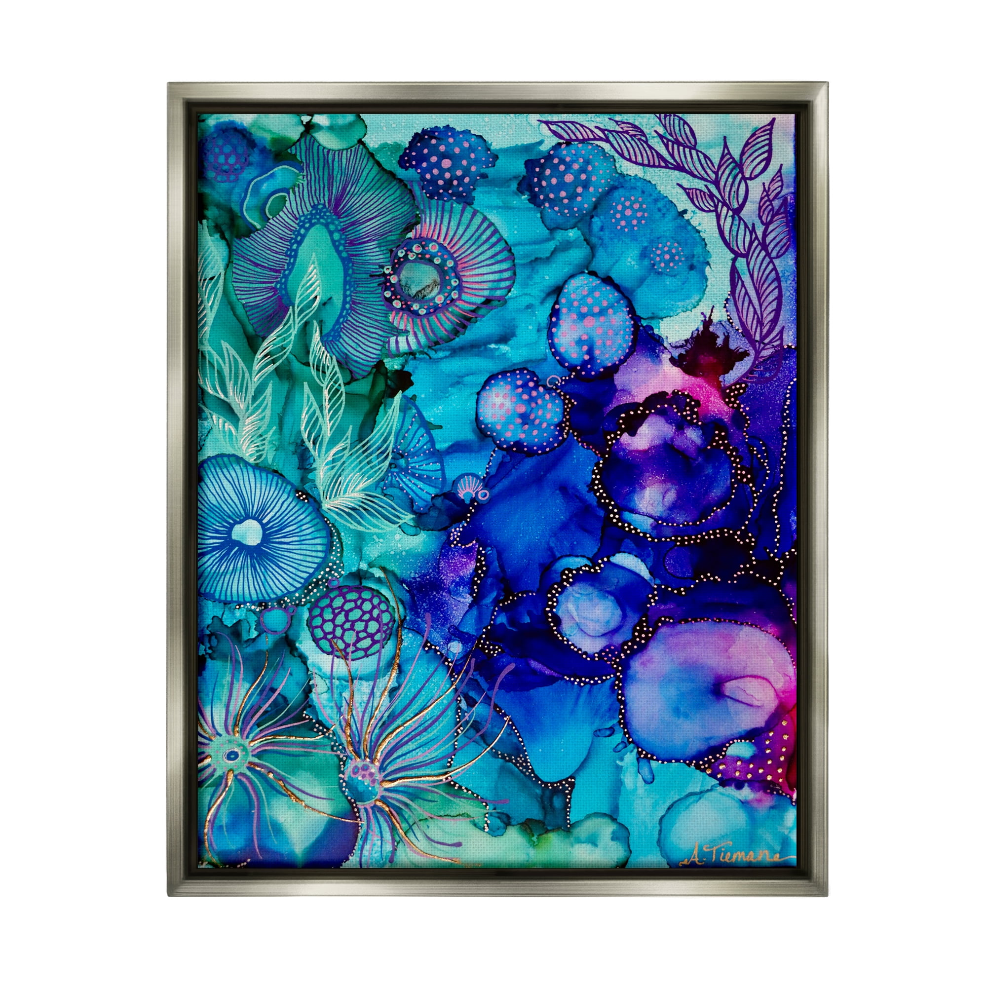Stupell Industries Blue Modern Sea Life Abstract Painting Gray Floater Framed Canvas Art Print Wall Art, 25 x 31