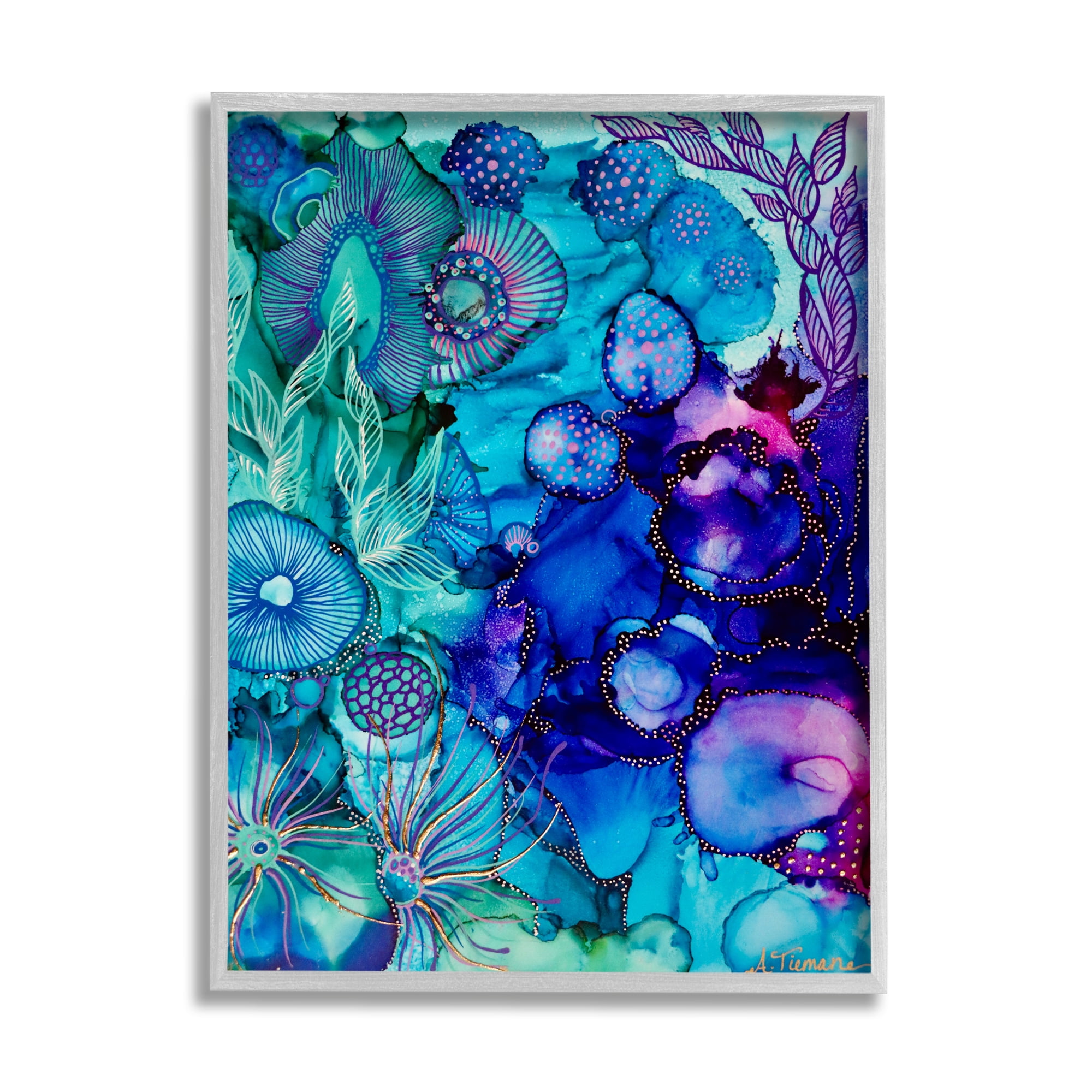 Stupell Industries Blue Modern Sea Life Abstract Painting Gray Framed Art Print Wall Art, 16 x 20