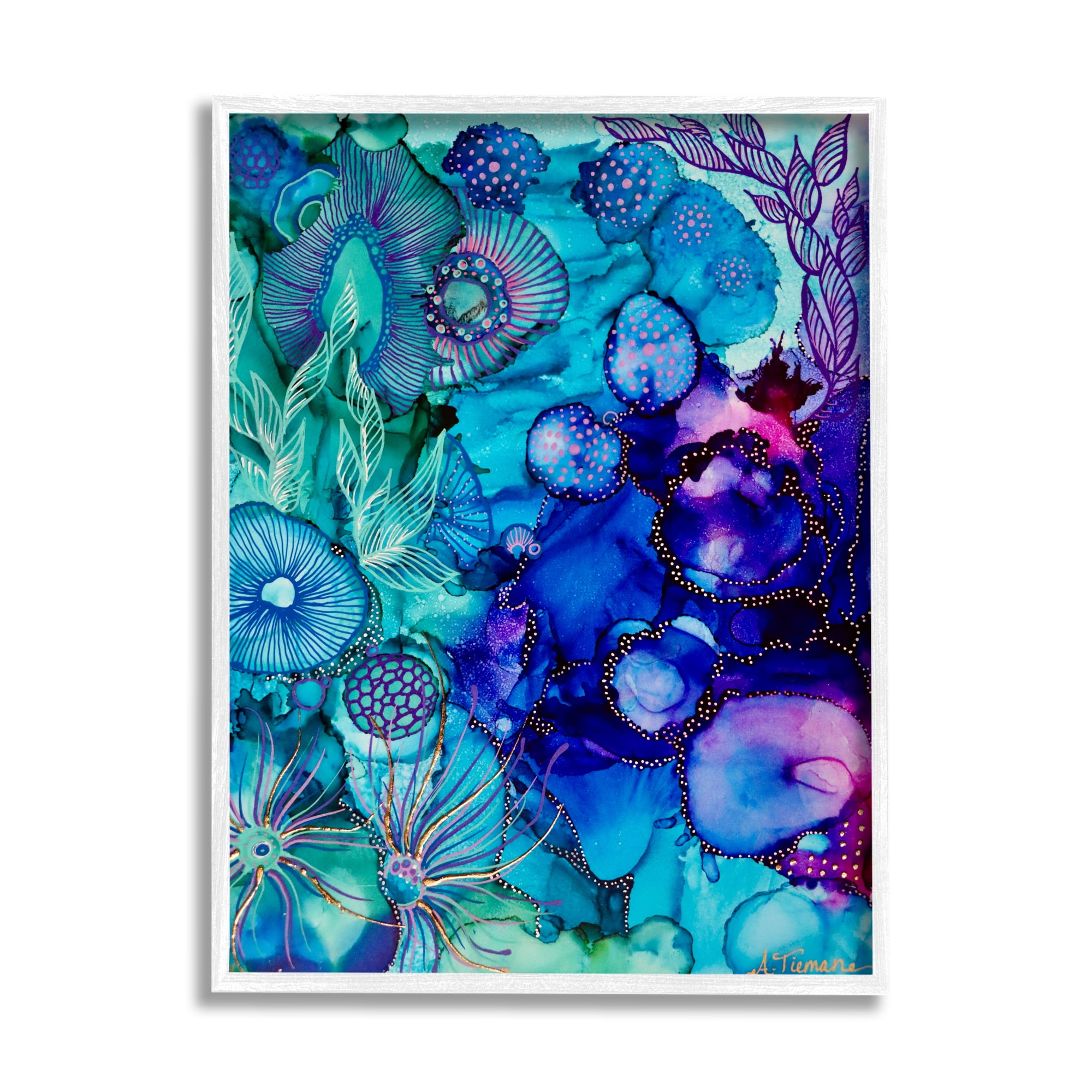 Stupell Industries Blue Modern Sea Life Abstract Painting White Framed Art Print Wall Art, 24 x 30