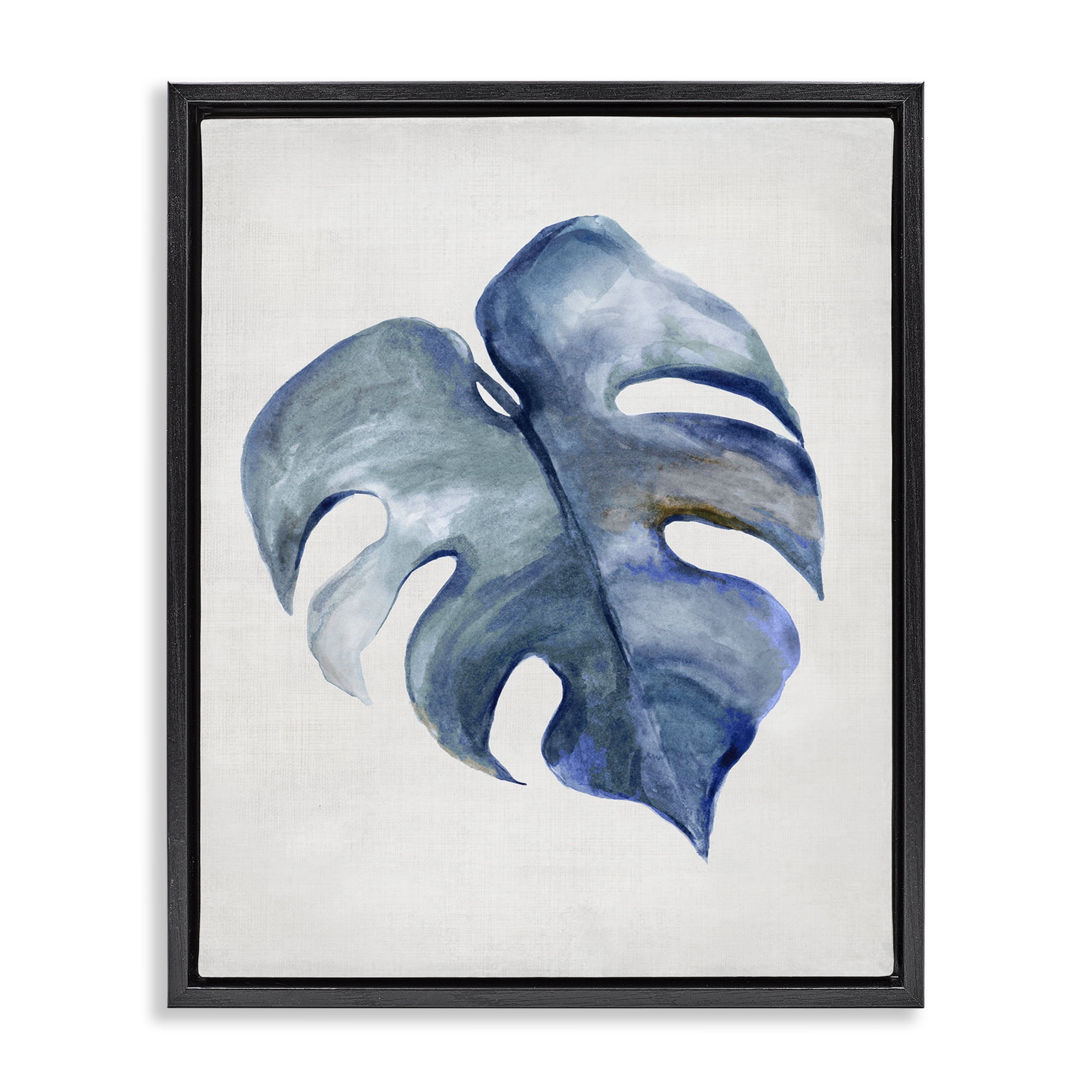 Stupell Industries Blue Monstera Leaf Plants & Flowers Painting Black Floater Framed Canvas Art Print Wall Art, 17 x 21
