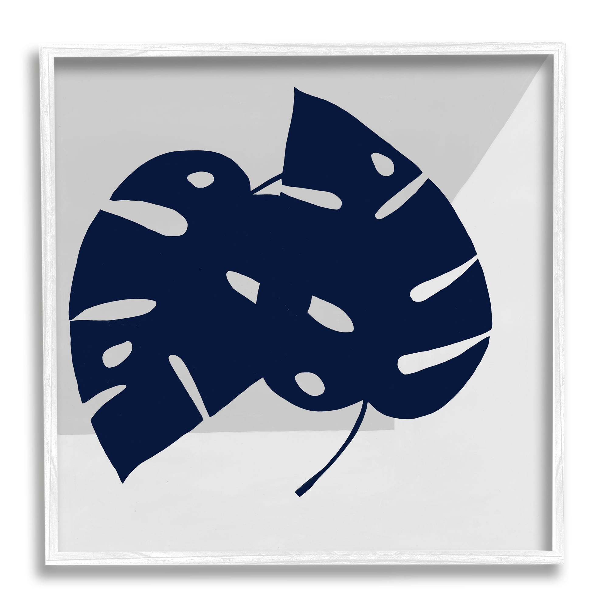 White Framed Blue Monstera Leaf Geometric Wall Art, 12" x 12"